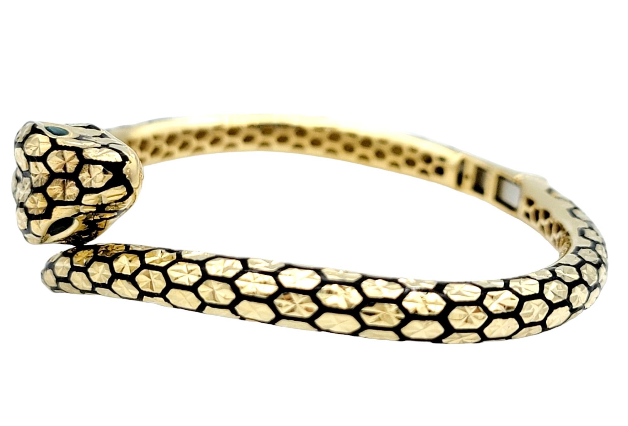 Contemporary 14 Karat Yellow Gold Textured Bypass Style Snake Hinged Bangle Bracelet