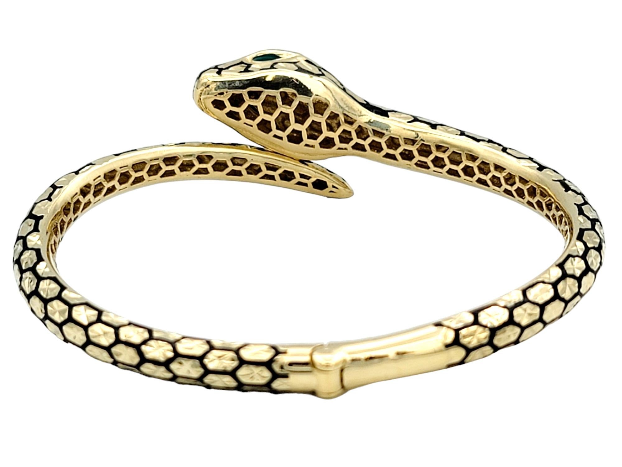14 Karat Yellow Gold Textured Bypass Style Snake Hinged Bangle Bracelet 2