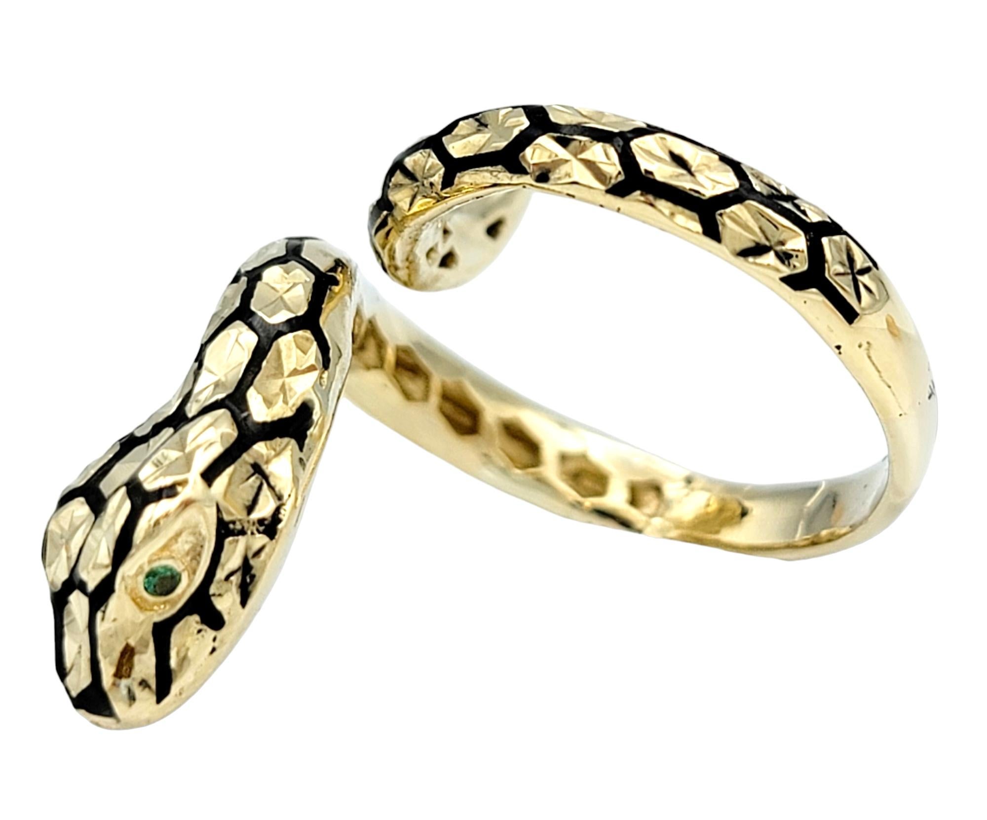Contemporary 14 Karat Yellow Gold Textured Bypass Style Snake Ring with Black Accent Scales For Sale