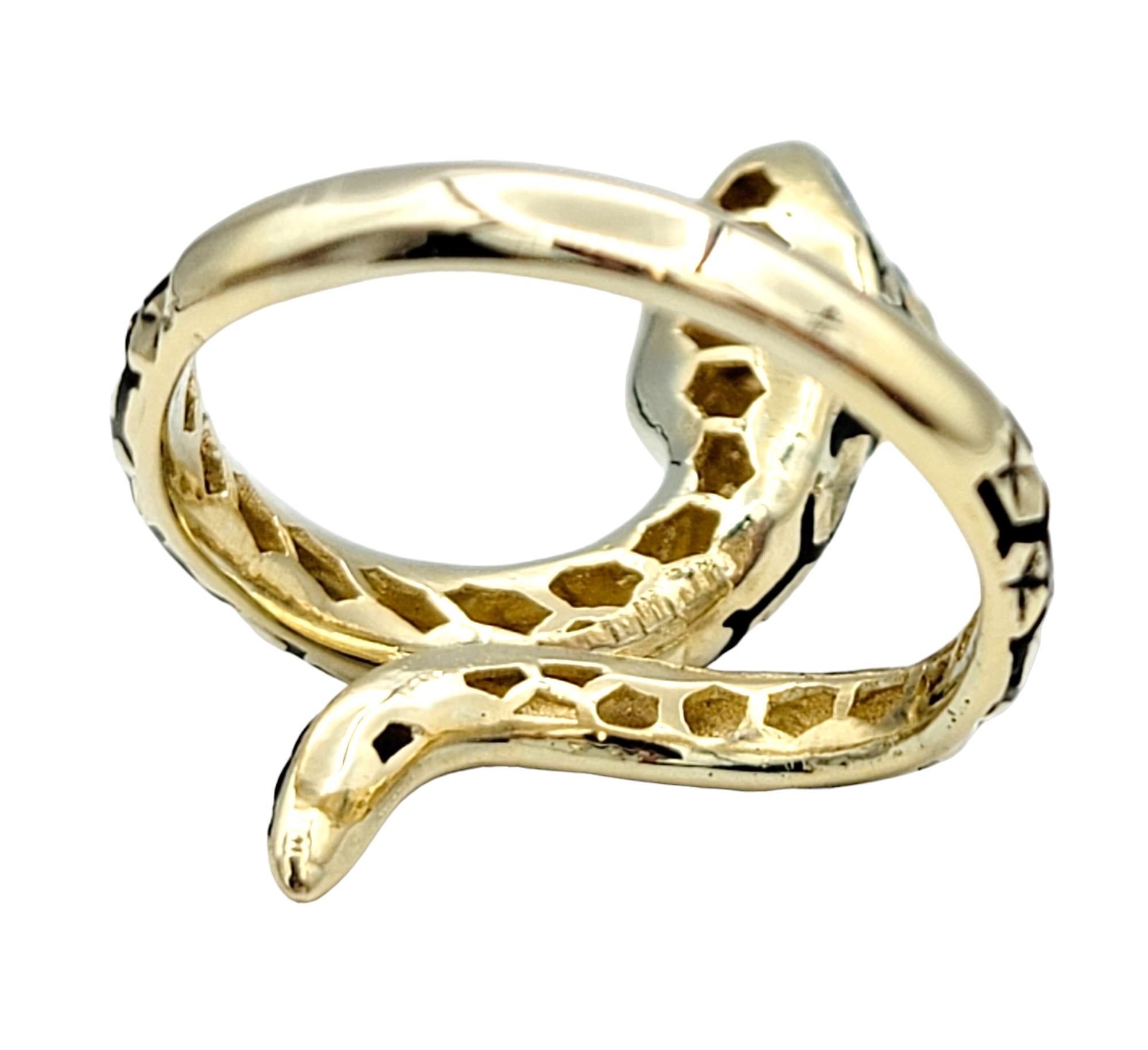 Women's 14 Karat Yellow Gold Textured Bypass Style Snake Ring with Black Accent Scales For Sale