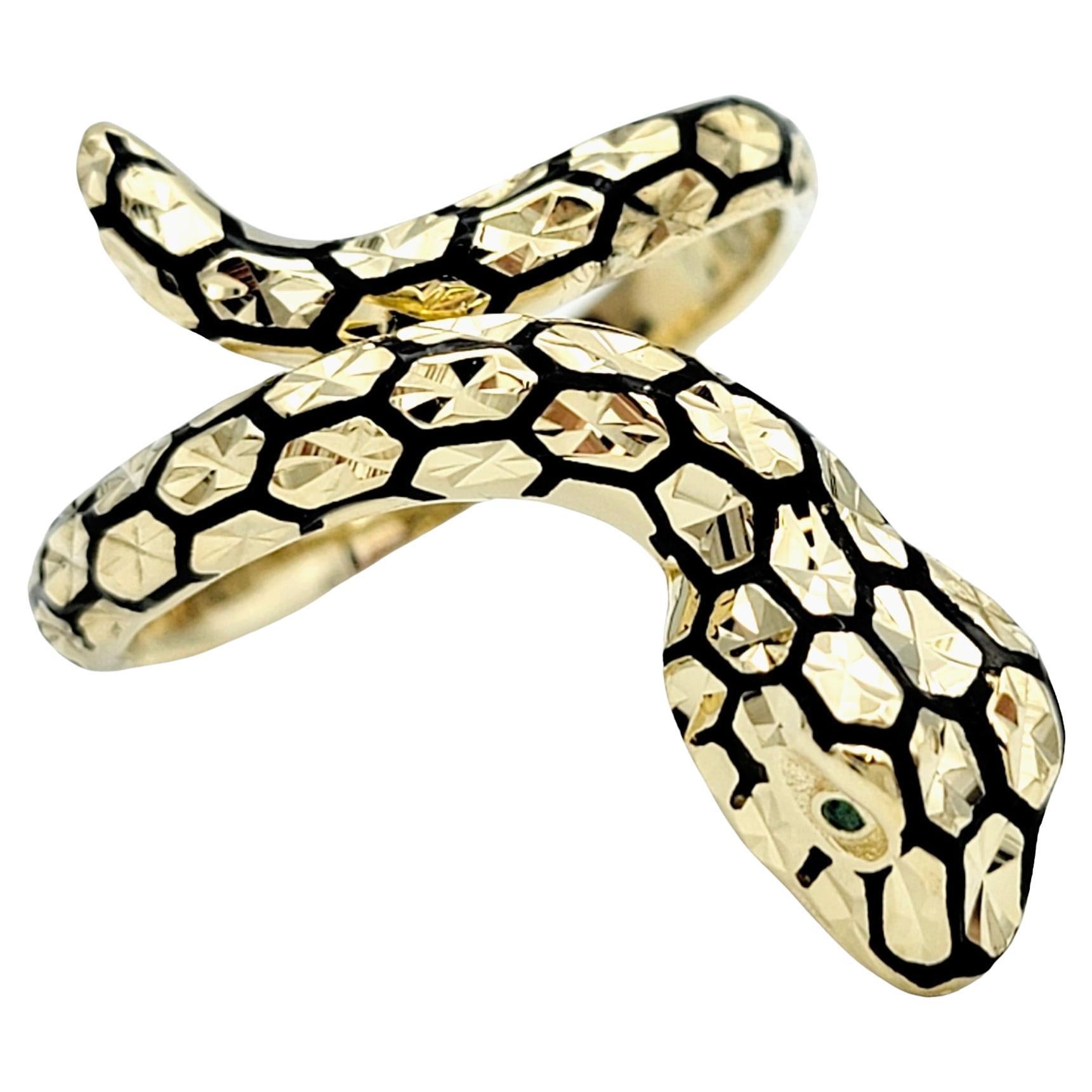 14 Karat Yellow Gold Textured Bypass Style Snake Ring with Black Accent Scales For Sale