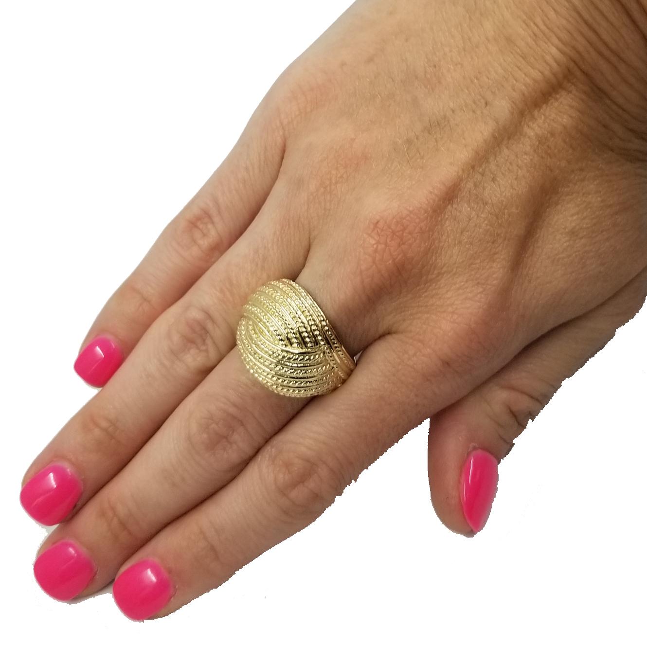 14 Karat Yellow Gold Textured Rope Dome Ring. Finished Weight is 9.6 Grams. Current Finger Size 8; Your Purchase Includes One Free Sizing. Professionally Cleaned & Polished to Remove Scratches.