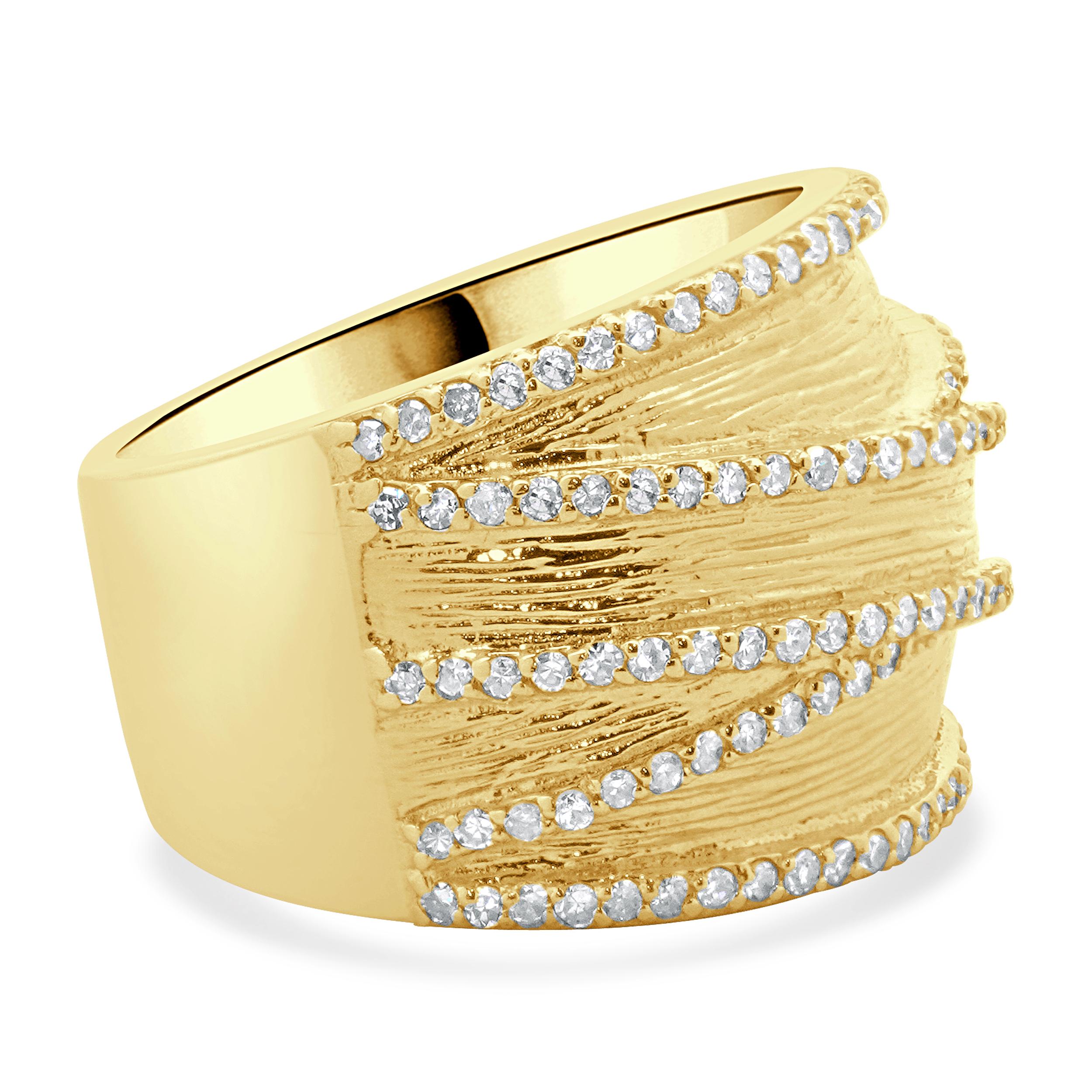 Round Cut 14 Karat Yellow Gold Textured Wide Diamond Crossover Band For Sale