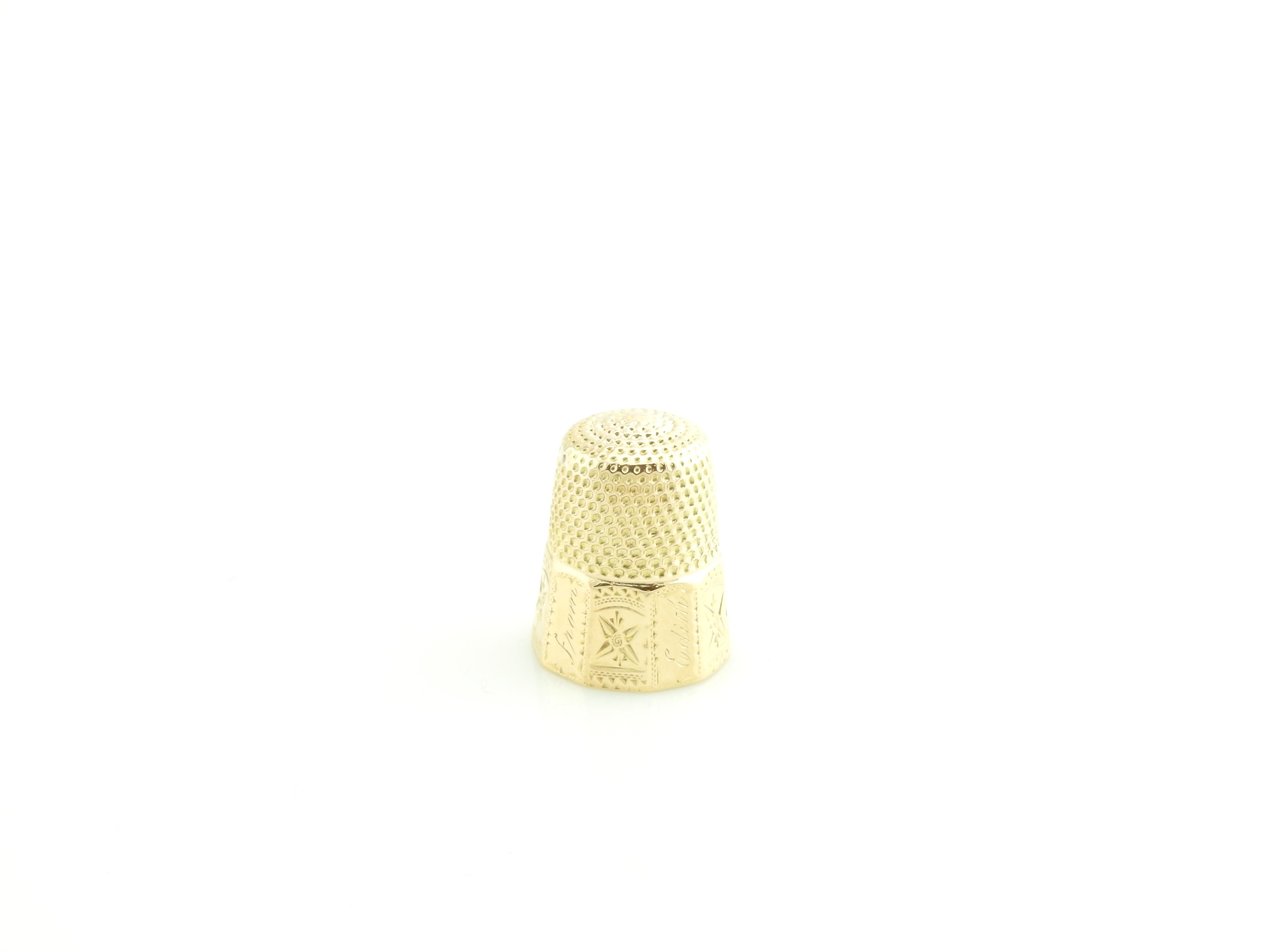 Vintage 14 Karat Yellow Gold Thimble

This lovely thimble is crafted in beautifully detailed 14K yellow gold.

Size: 19 mm x 15 mm

Weight: 2.5 dwt. / 4.0 gr.

Stamped: 14 inside the thimble

Very good condition, professionally polished.

Will come