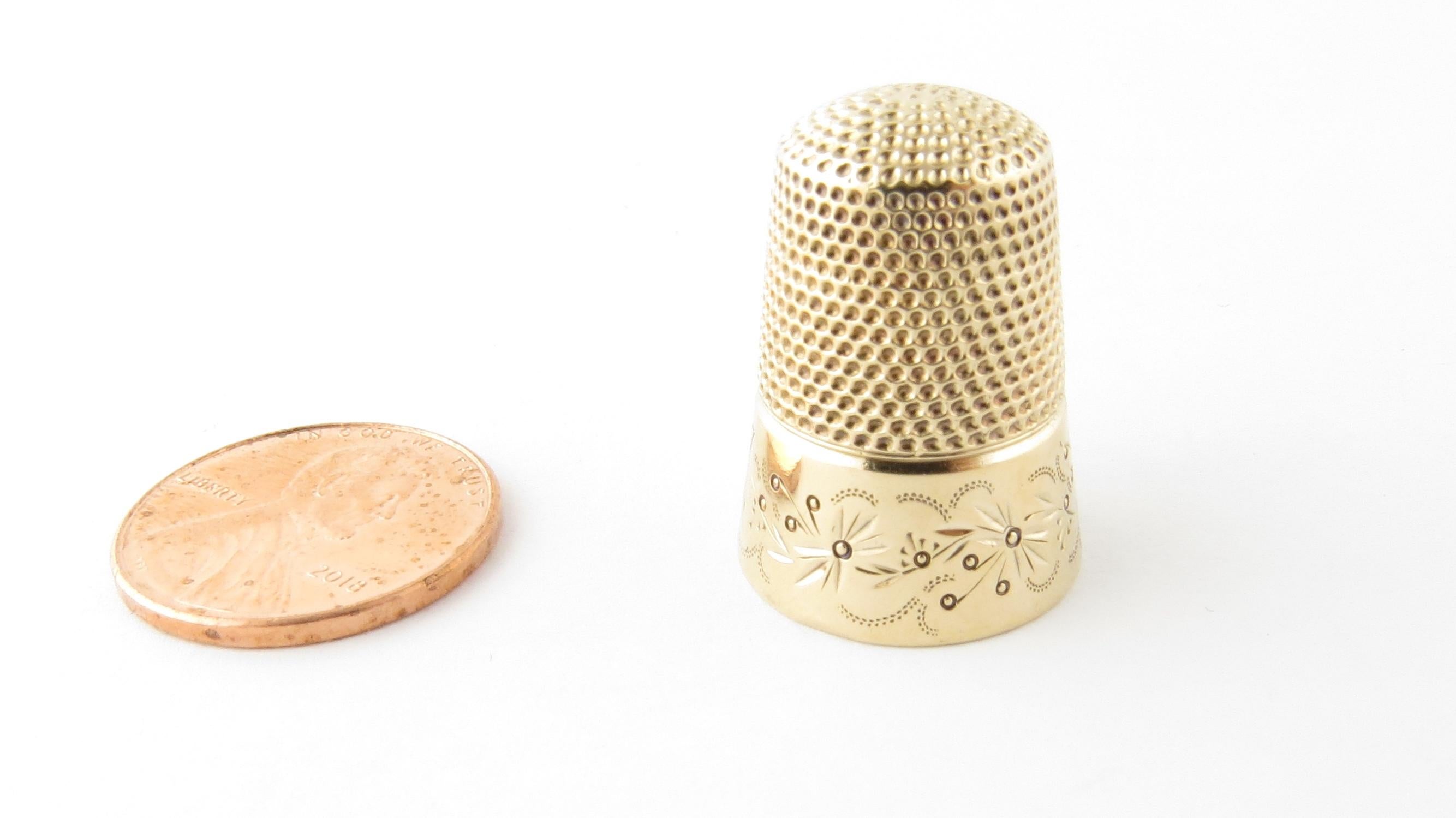 Vintage 14 Karat Yellow Gold Thimble

This lovely thimble is crafted in meticulously detailed 14K yellow gold.

Size: 22 mm x 17 mm

Weight: 3.6 dwt. / 5.7 gr.

Acid tested for 14K gold.

Very good condition, professionally polished. Will come