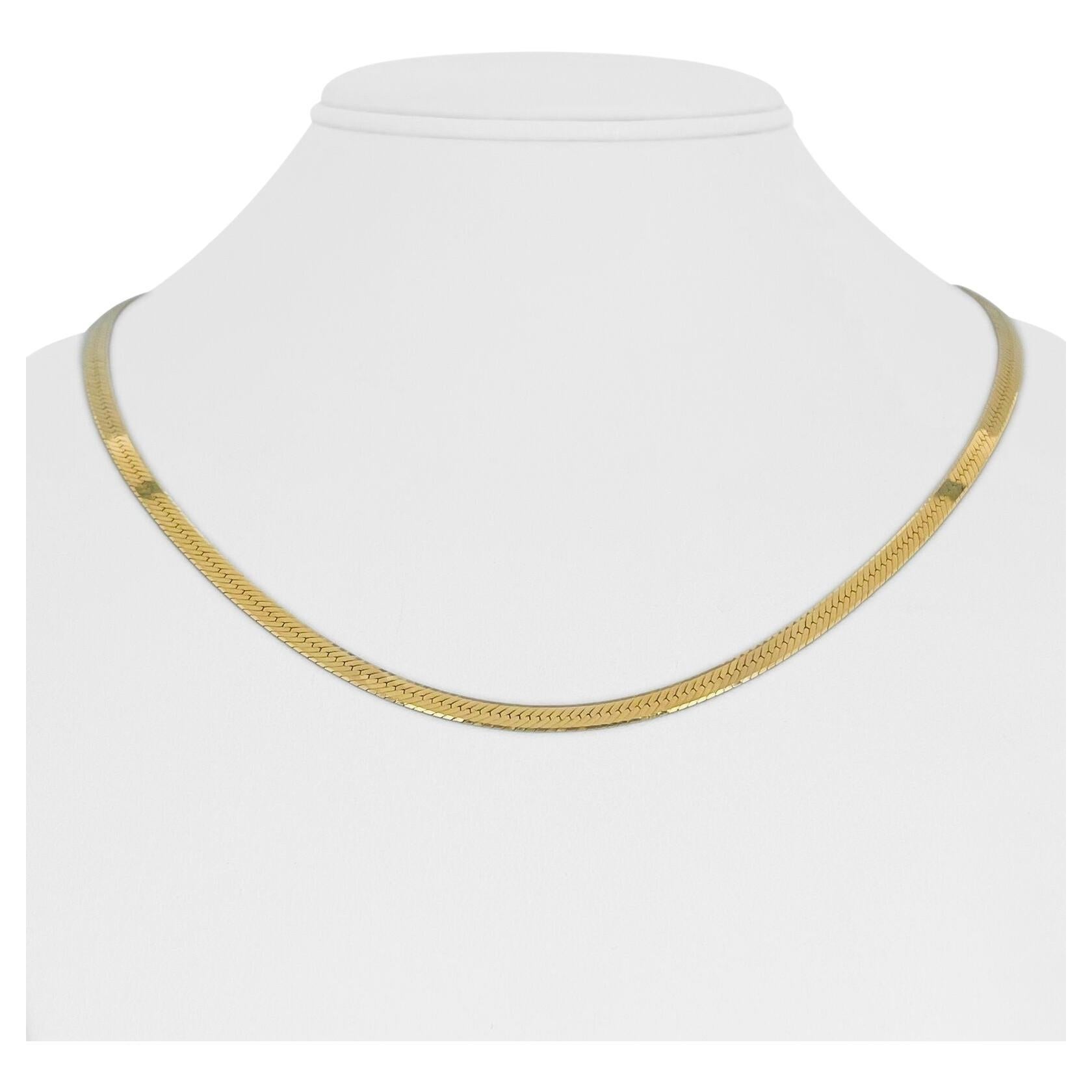 14 Karat Yellow Gold Thin Flat Herringbone Link Chain Necklace Italy For Sale at 1stDibs