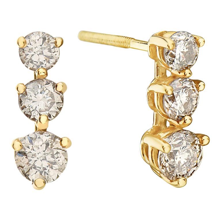 14 Karat Yellow Gold Three Diamond Earrings