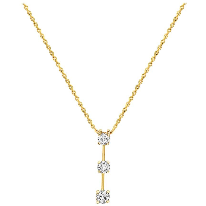 14 Karat Yellow Gold Three Diamond Pendant Necklace For Sale