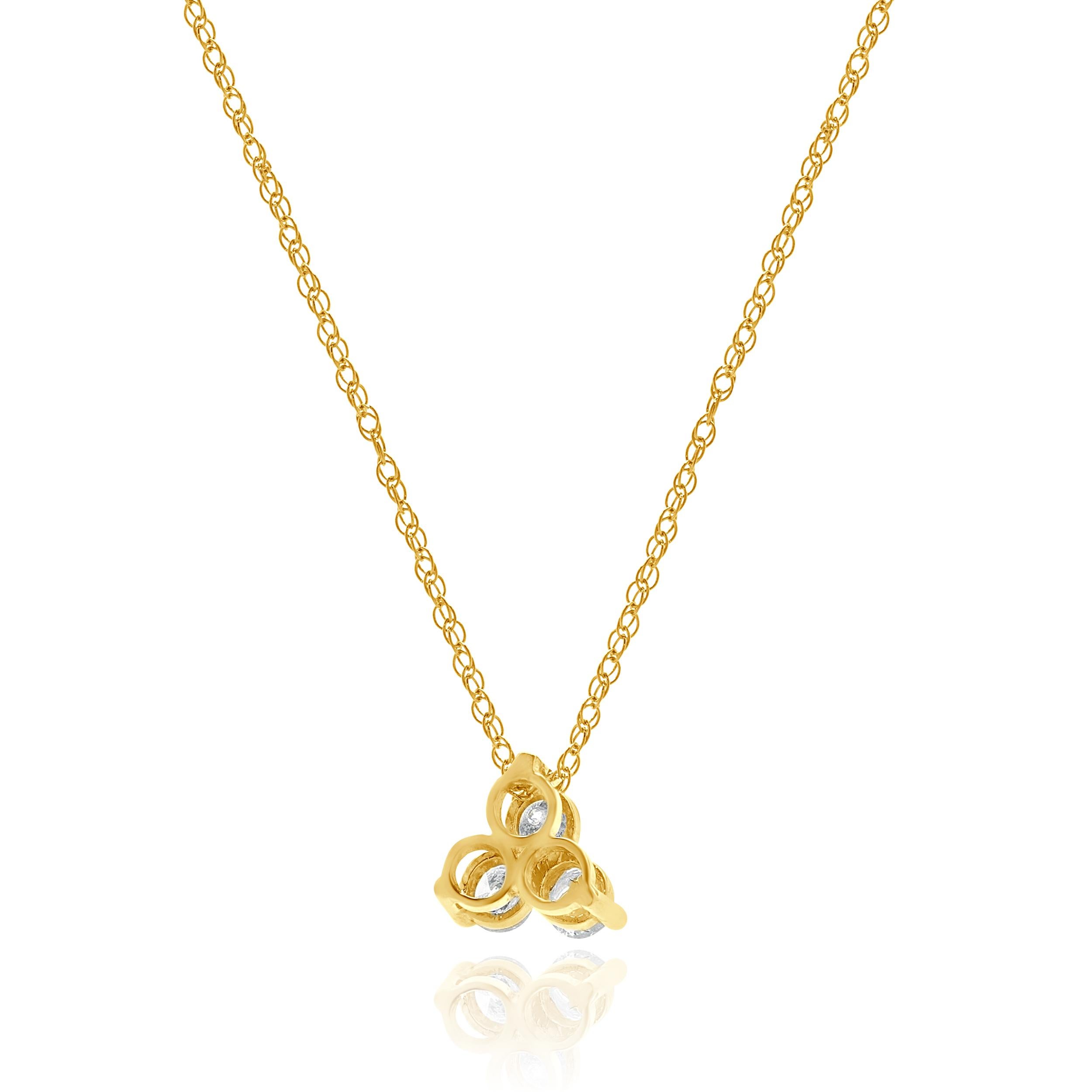 Round Cut 14 Karat Yellow Gold Three Diamond Triangle Necklace For Sale