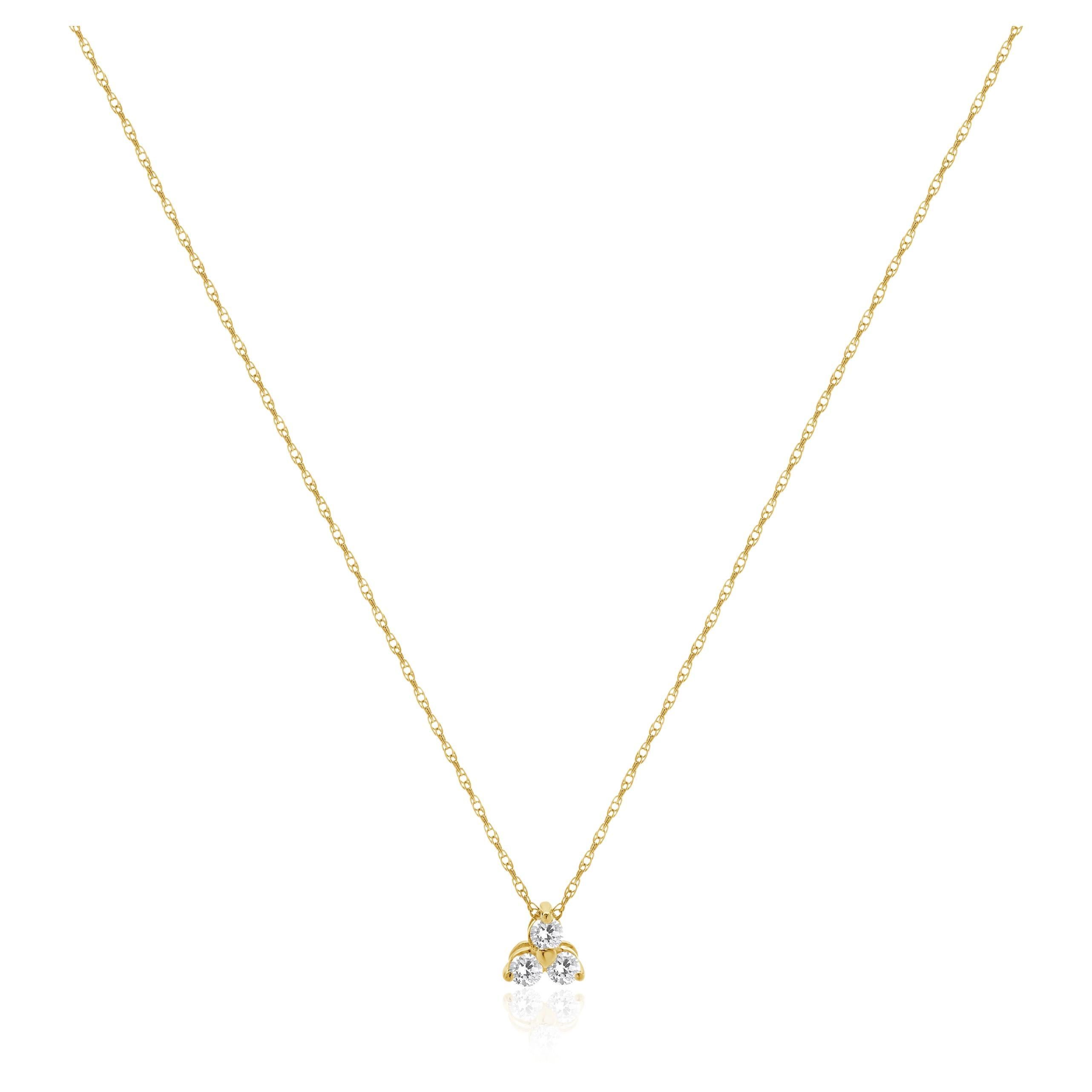 14 Karat Yellow Gold Three Diamond Triangle Necklace For Sale