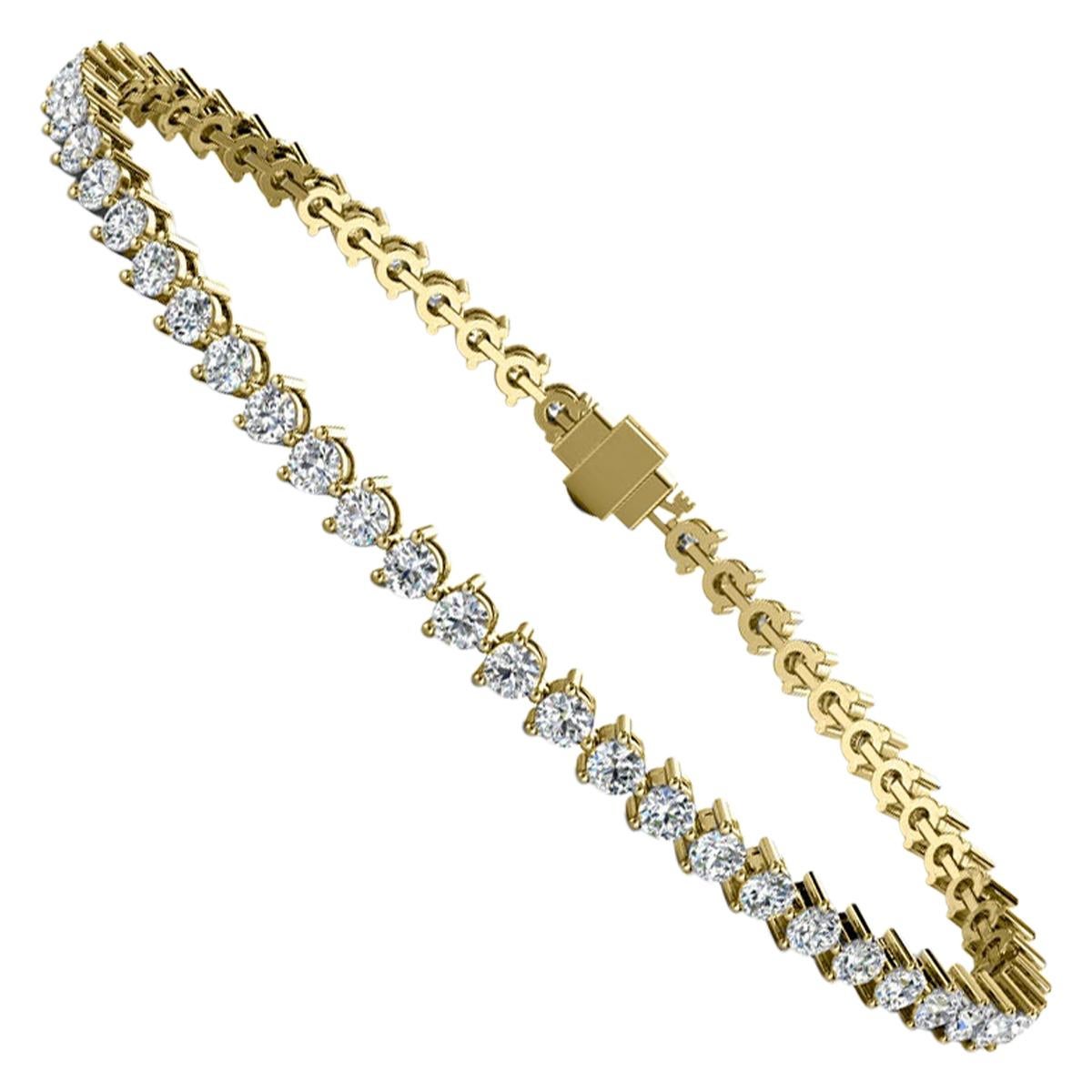 Bracelet tennis en or jaune 14 carats à trois griffes avec diamants de 3 carats