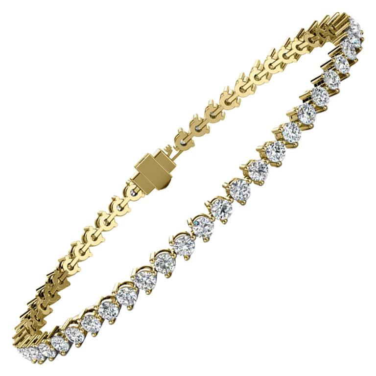 14 Karat Yellow Gold Three Prongs Diamond Tennis Bracelet '4 Carat' For Sale