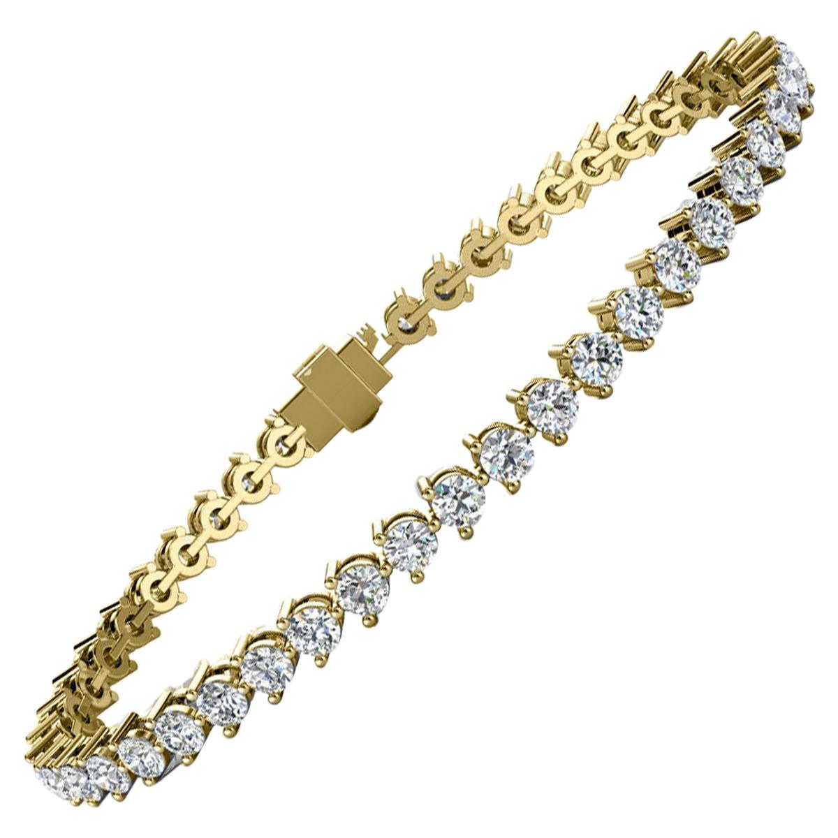 14 Karat Yellow Gold Three Prongs Diamond Tennis Bracelet '5 Carat' For Sale