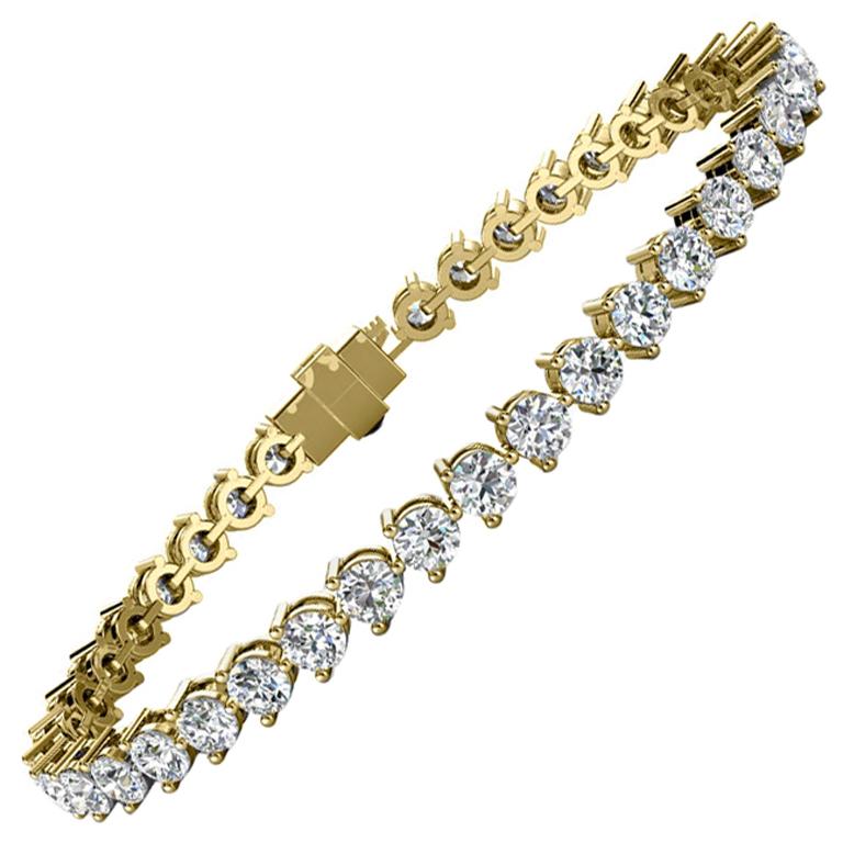 14 Karat Yellow Gold Three Prongs Diamond Tennis Bracelet '7 Carat' For Sale
