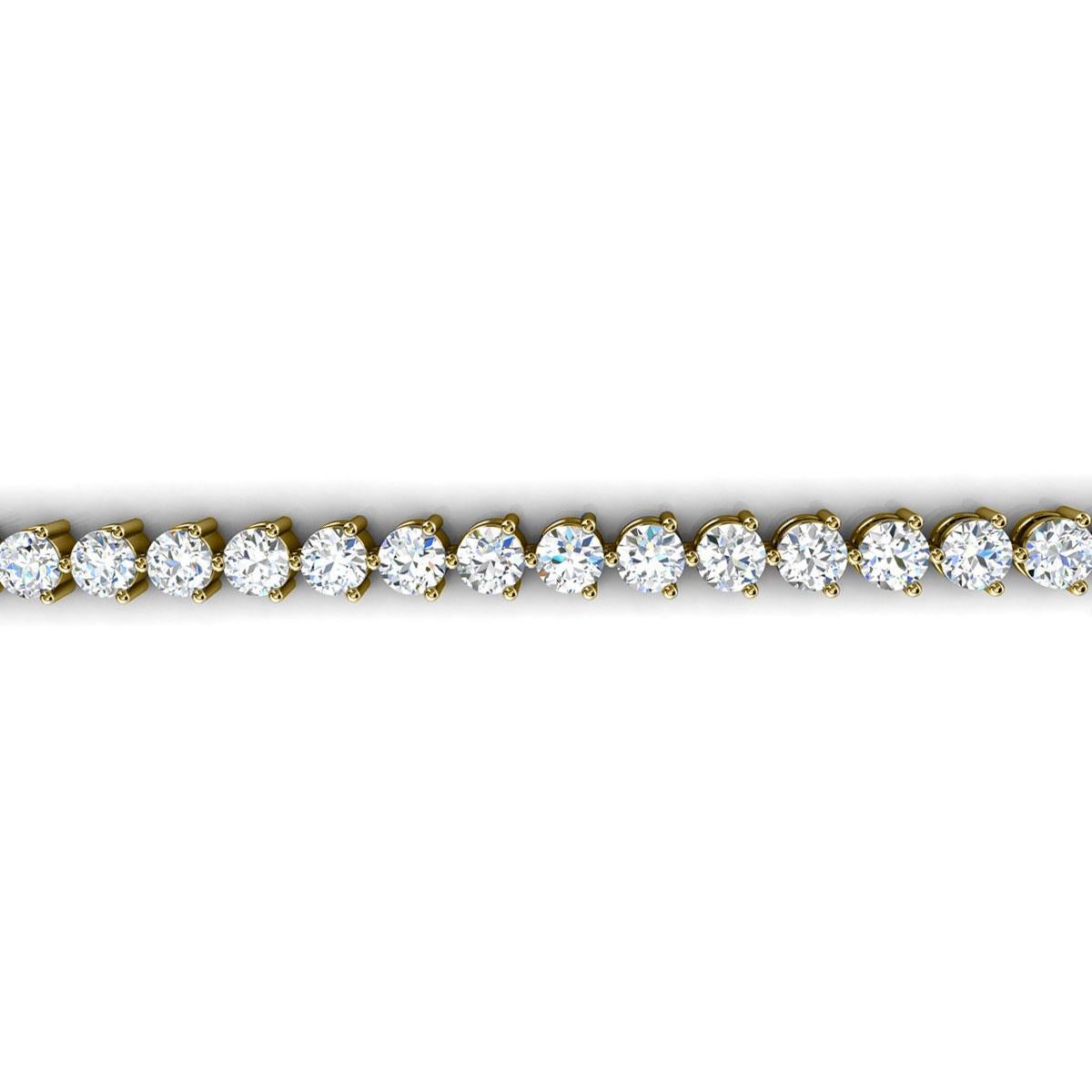 Round Cut 14 Karat Yellow Gold Three Prongs Diamond Tennis Bracelet '8 Carat' For Sale