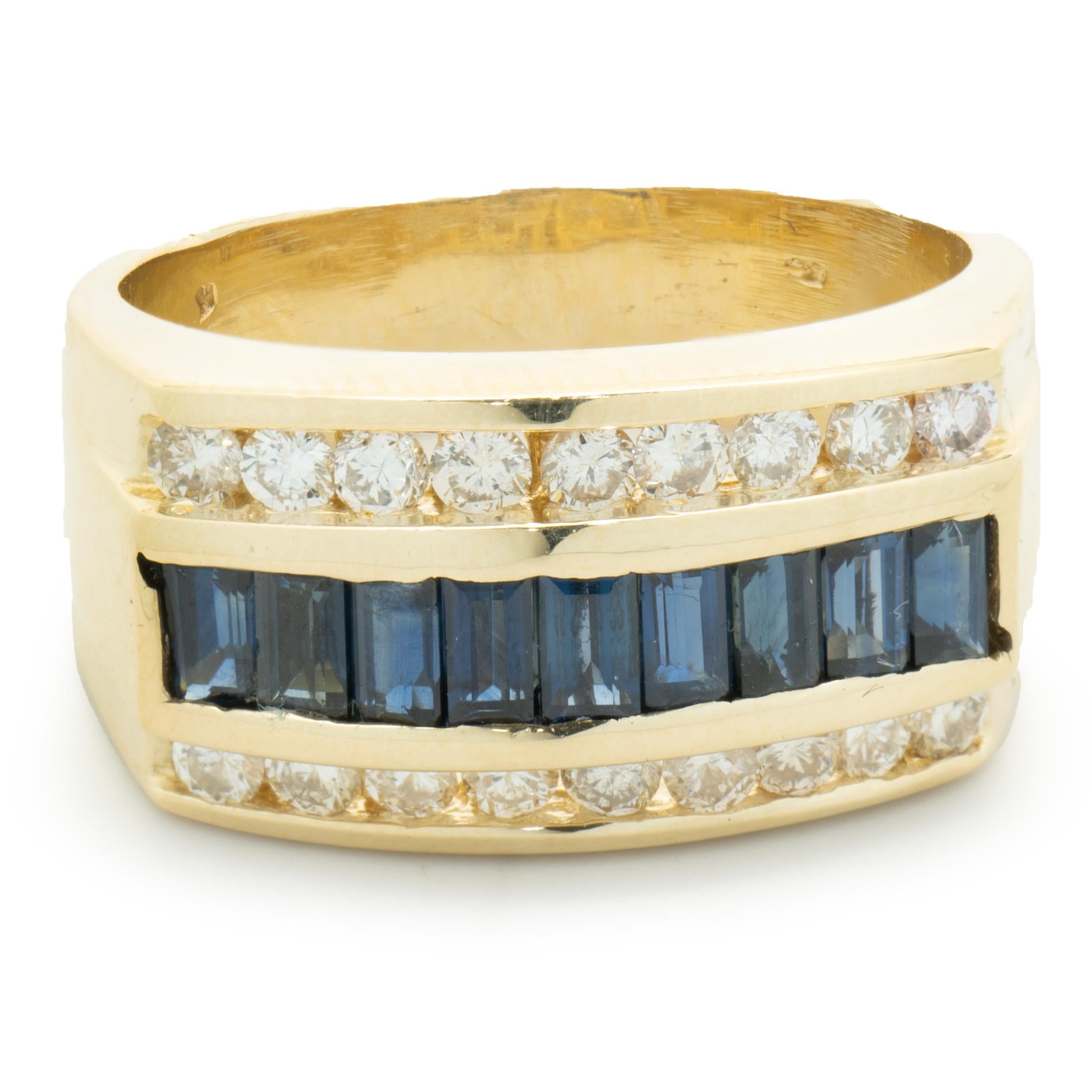 14 Karat Gelbgold Ring mit drei Reihen Diamanten und Saphiren in Kanalfassung