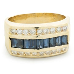 14 Karat Gelbgold Ring mit drei Reihen Diamanten und Saphiren in Kanalfassung