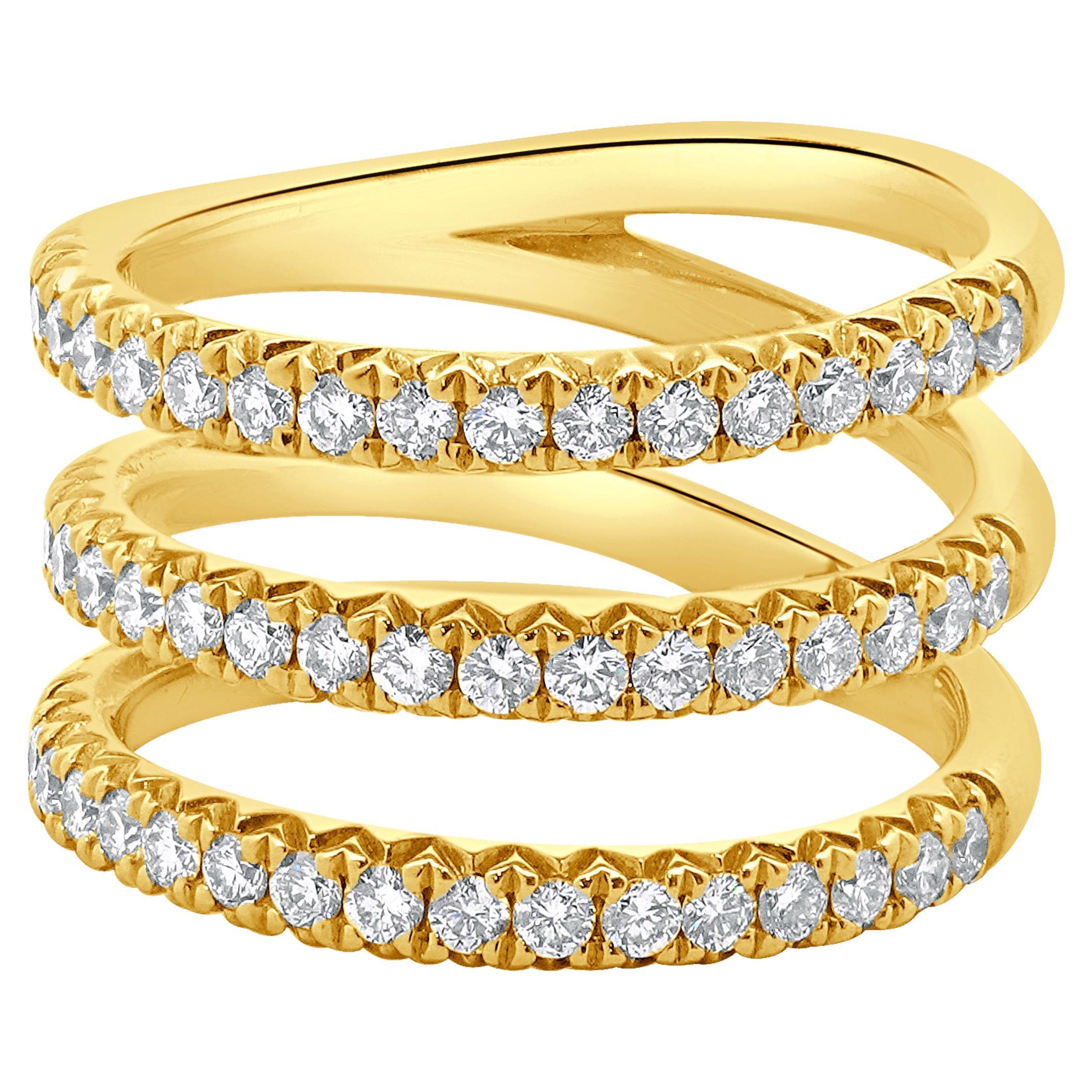 14 Karat Yellow Gold Three Row Diamond Band For Sale