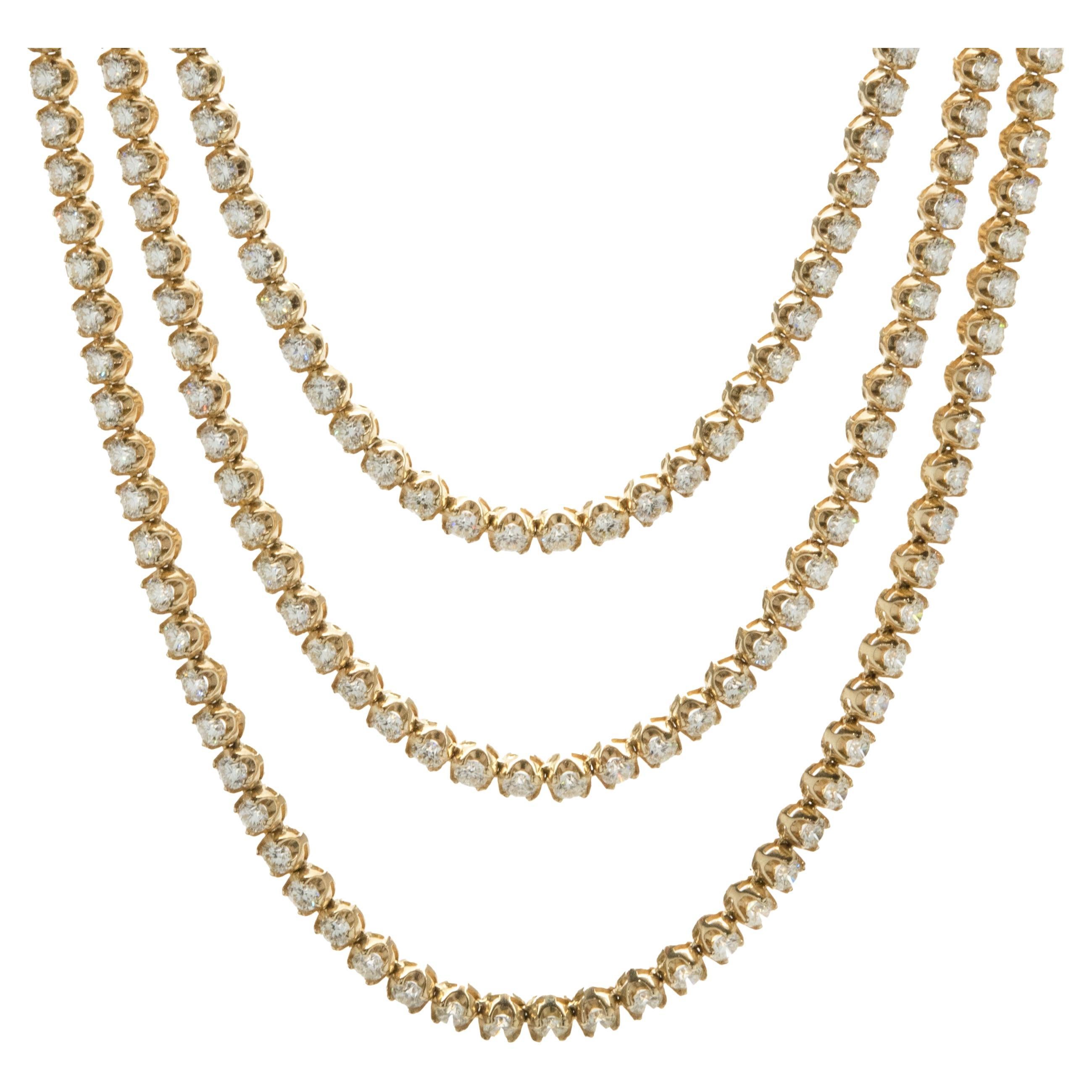 14 Karat Yellow Gold Three Row Diamond Tennis Necklace For Sale