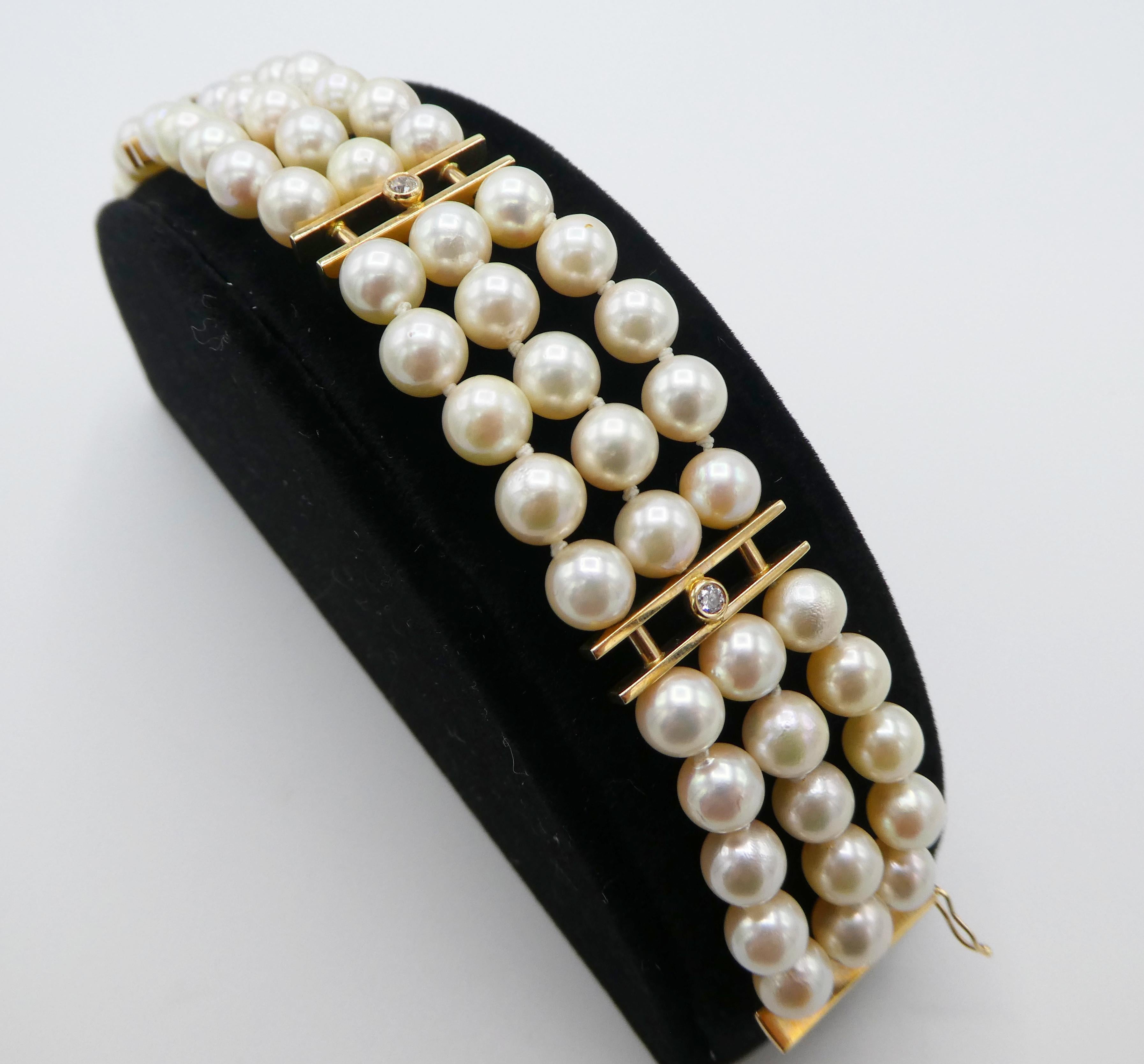 Retro 14 Karat Yellow Gold Three-Row Multi Strand Cultured Pearl and Diamond Bracelet