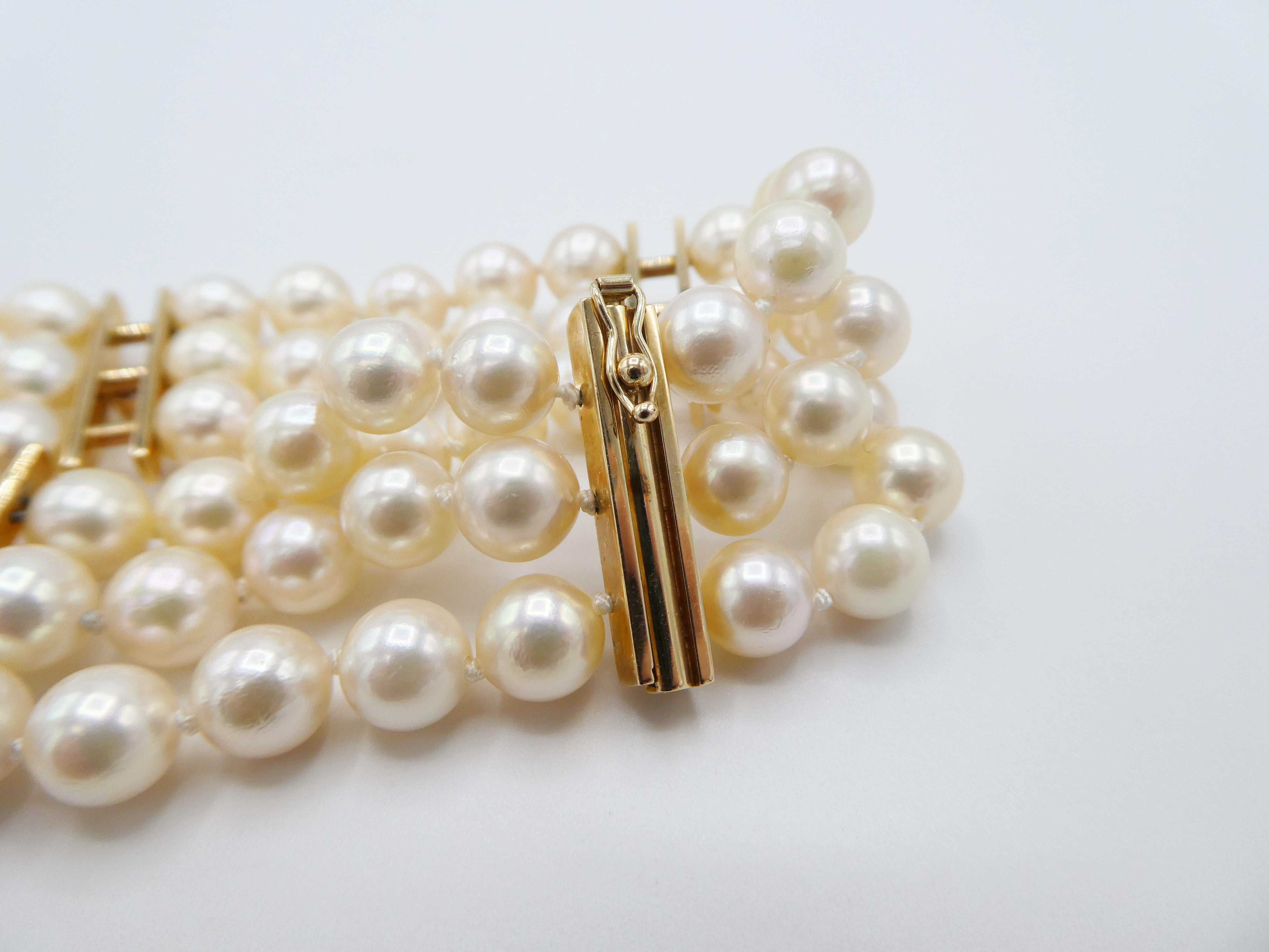 Round Cut 14 Karat Yellow Gold Three-Row Multi Strand Cultured Pearl and Diamond Bracelet