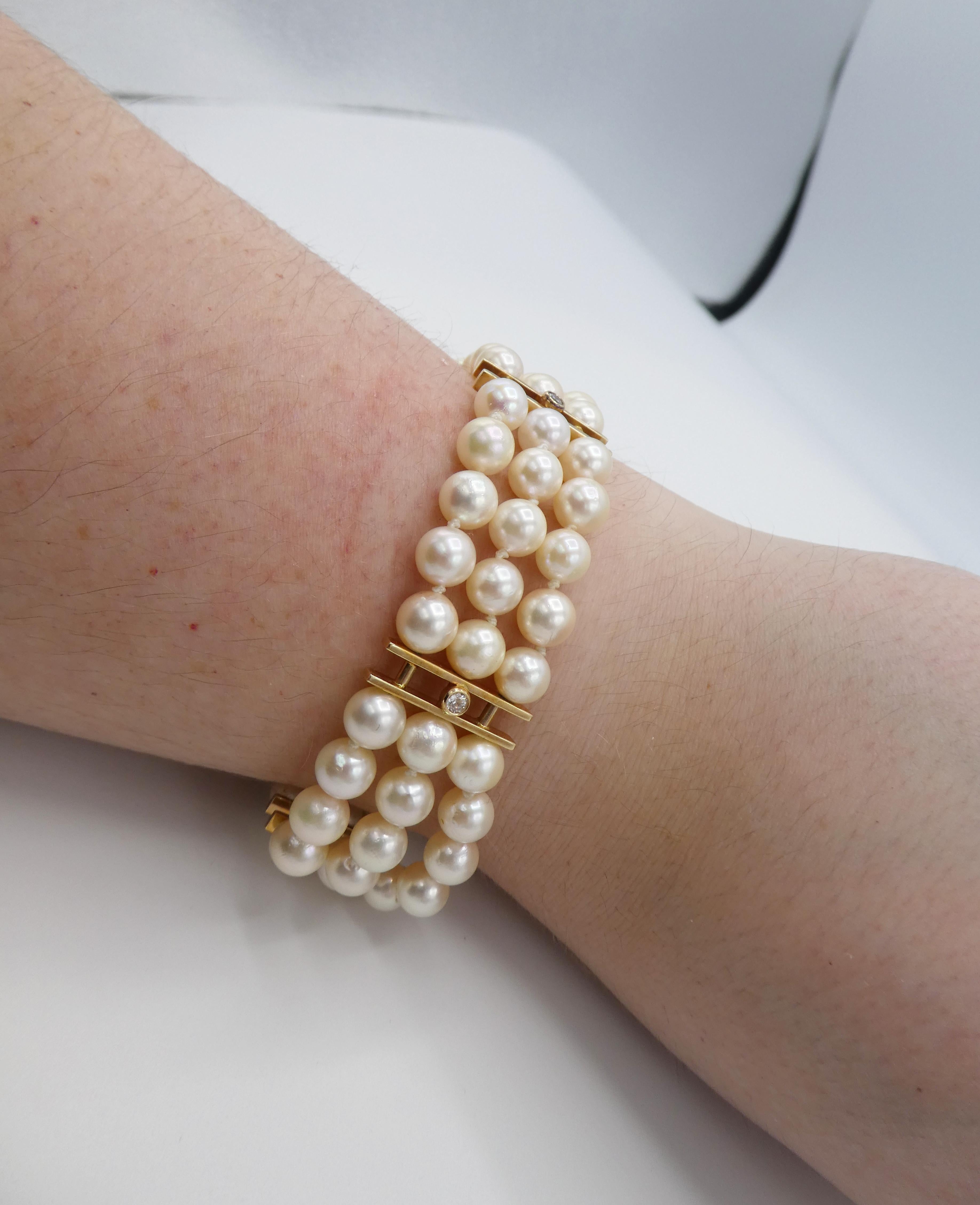 14 Karat Yellow Gold Three-Row Multi Strand Cultured Pearl and Diamond Bracelet In Excellent Condition In  Baltimore, MD