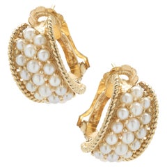 14 Karat Yellow Gold Three Row Pave Pearl Huggie Hoop Earrings