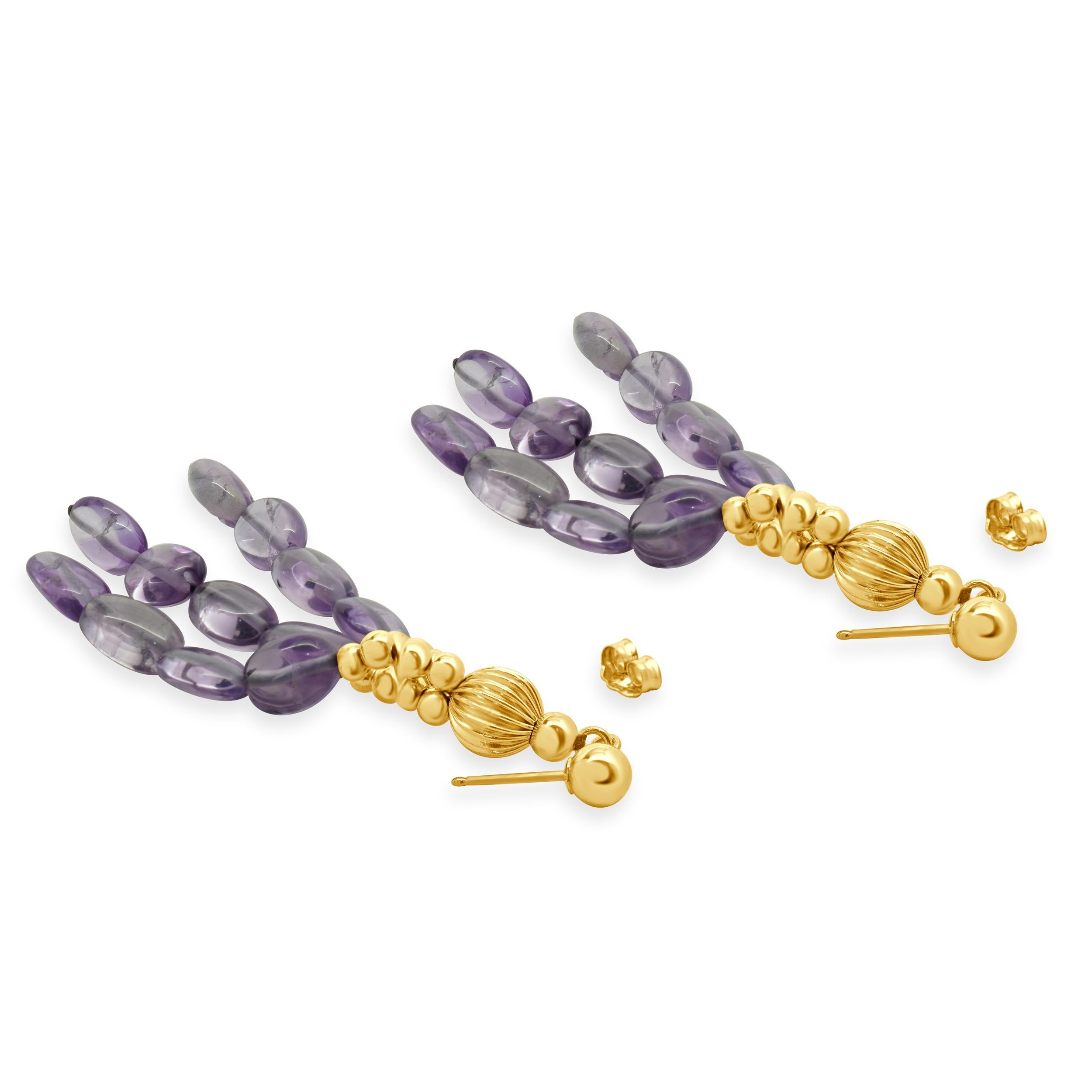 14 Karat Yellow Gold Three Strand Amethyst Drop Earrings In Excellent Condition For Sale In Scottsdale, AZ