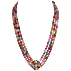 14 Karat Yellow Gold Three-Strand Multi Tourmaline and Gem Clasp Necklace