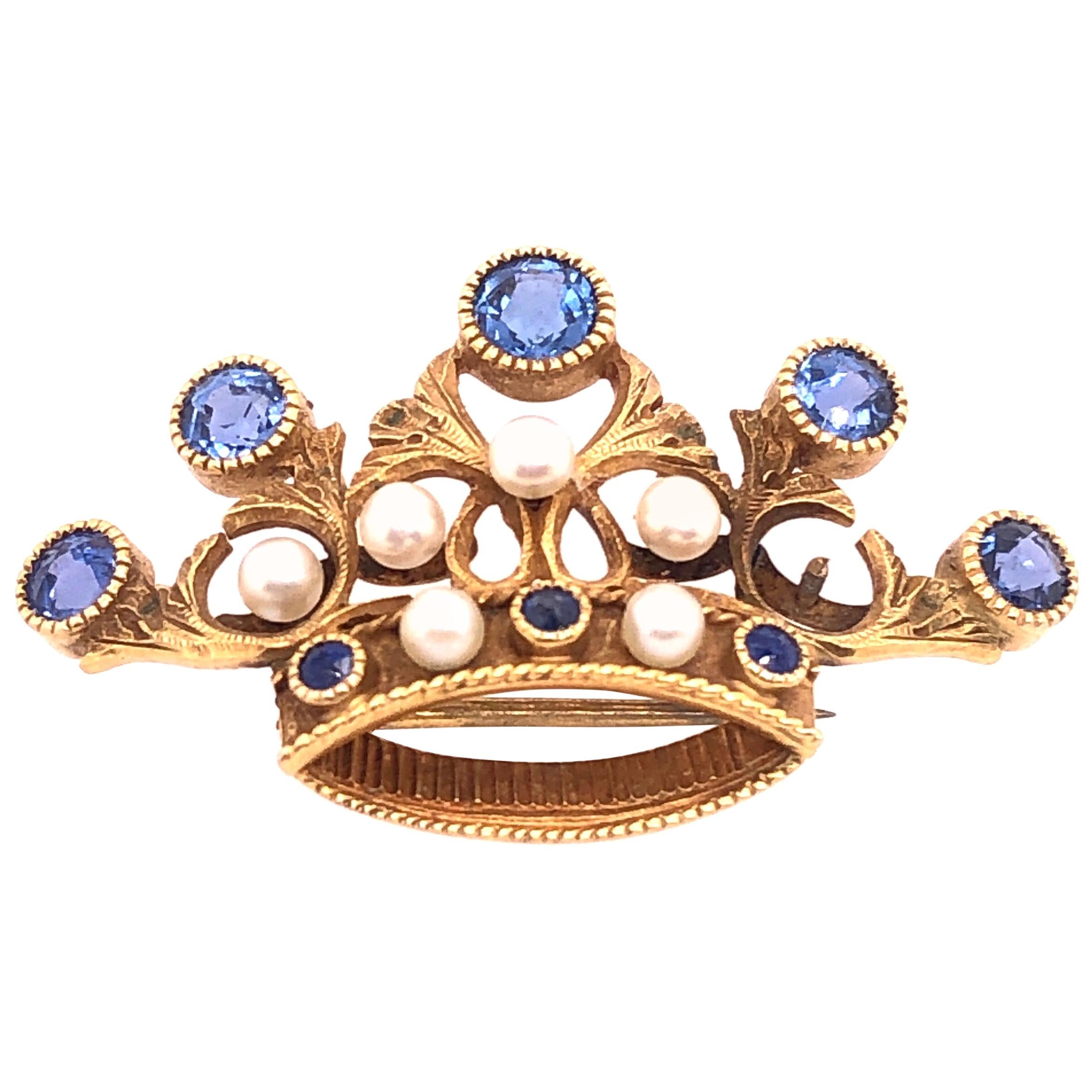 14 Karat Yellow Gold Tiara Crown Pin or Brooch, Pearls and Sapphire