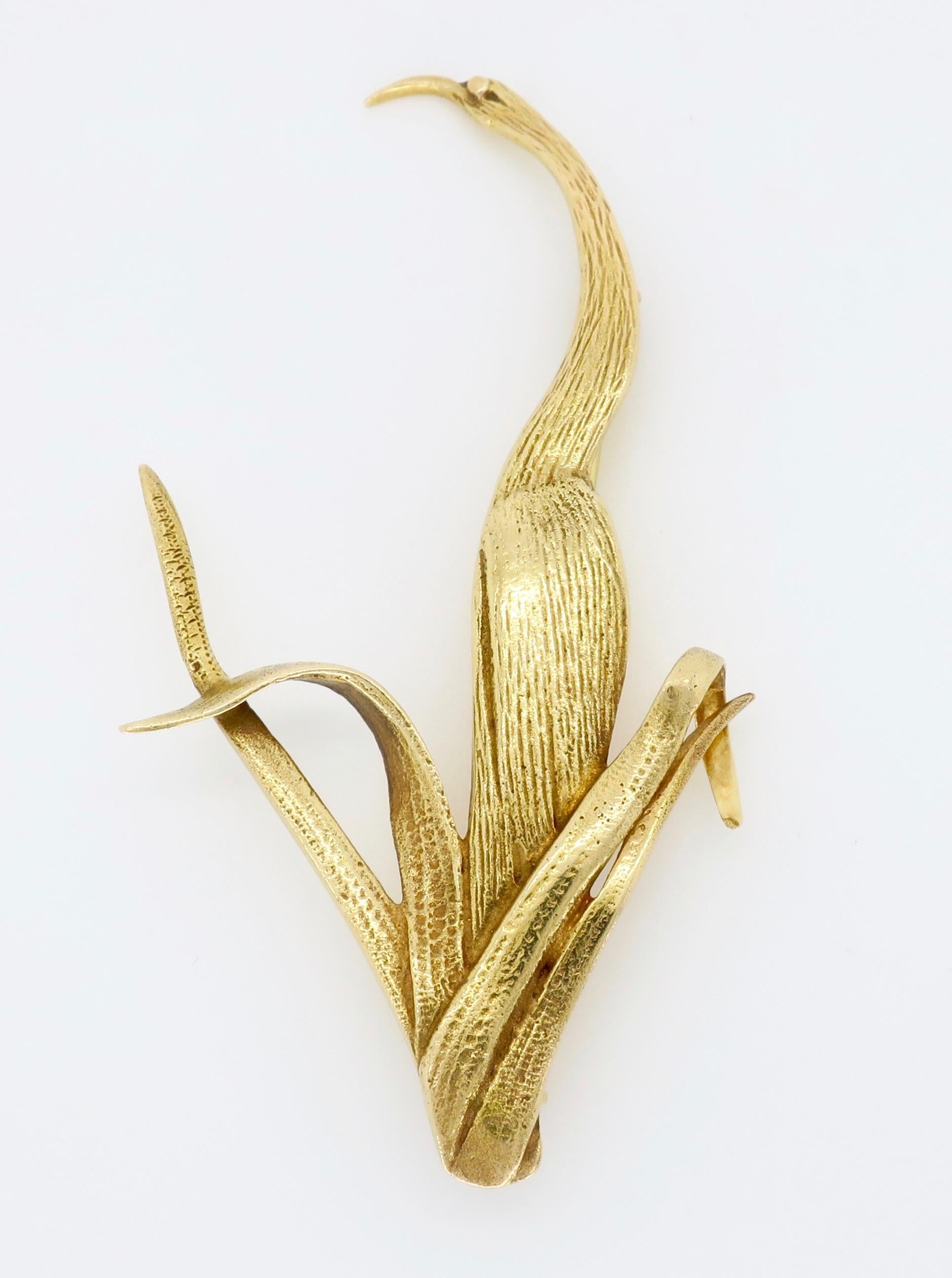 14 Karat Yellow Gold Tiffany & Co. Crane Brooch In Excellent Condition In Webster, NY