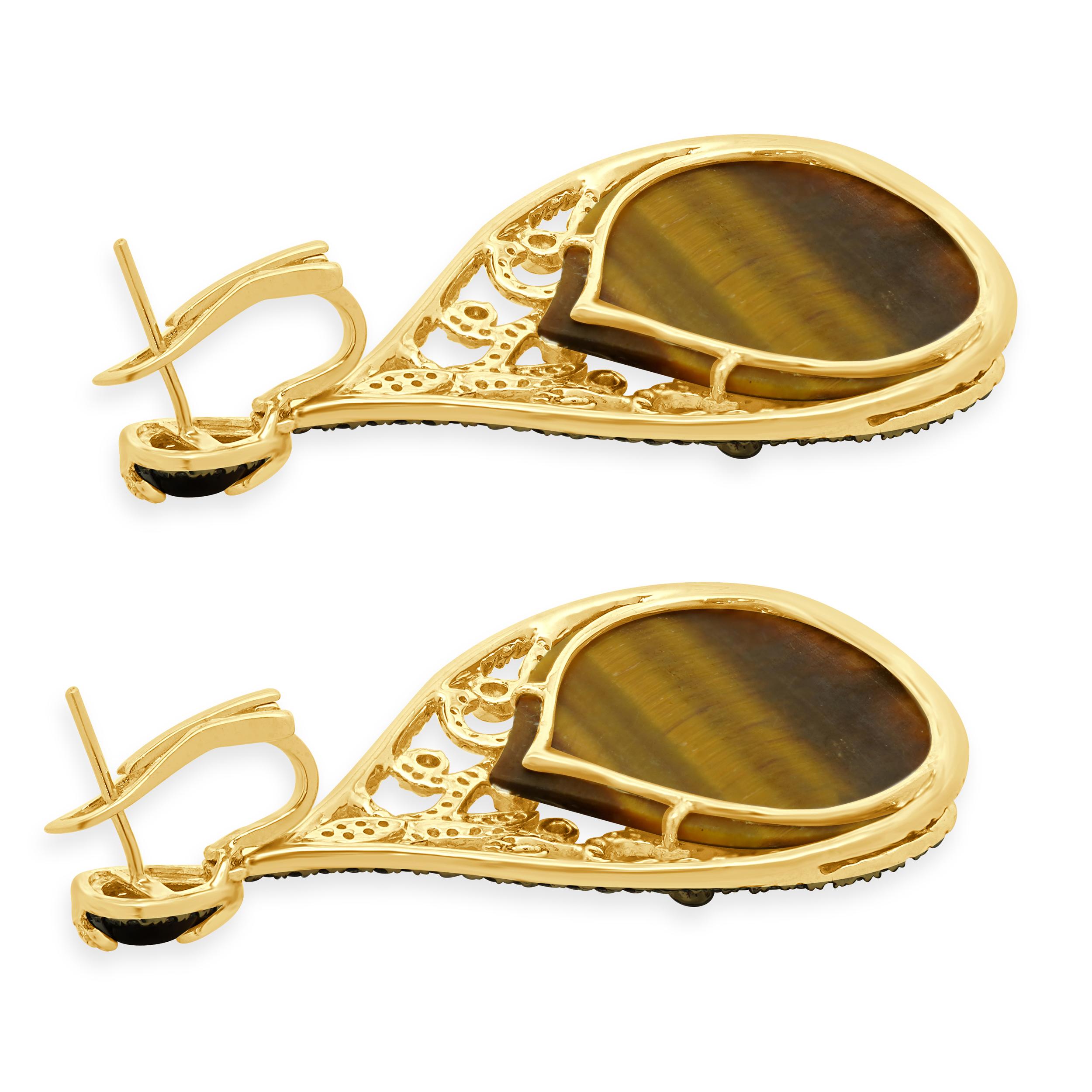 Round Cut 14 Karat Yellow Gold Tigers Eye and Diamond Teardrop Earrings For Sale