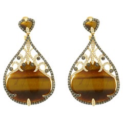 14 Karat Yellow Gold Tigers Eye and Diamond Teardrop Earrings