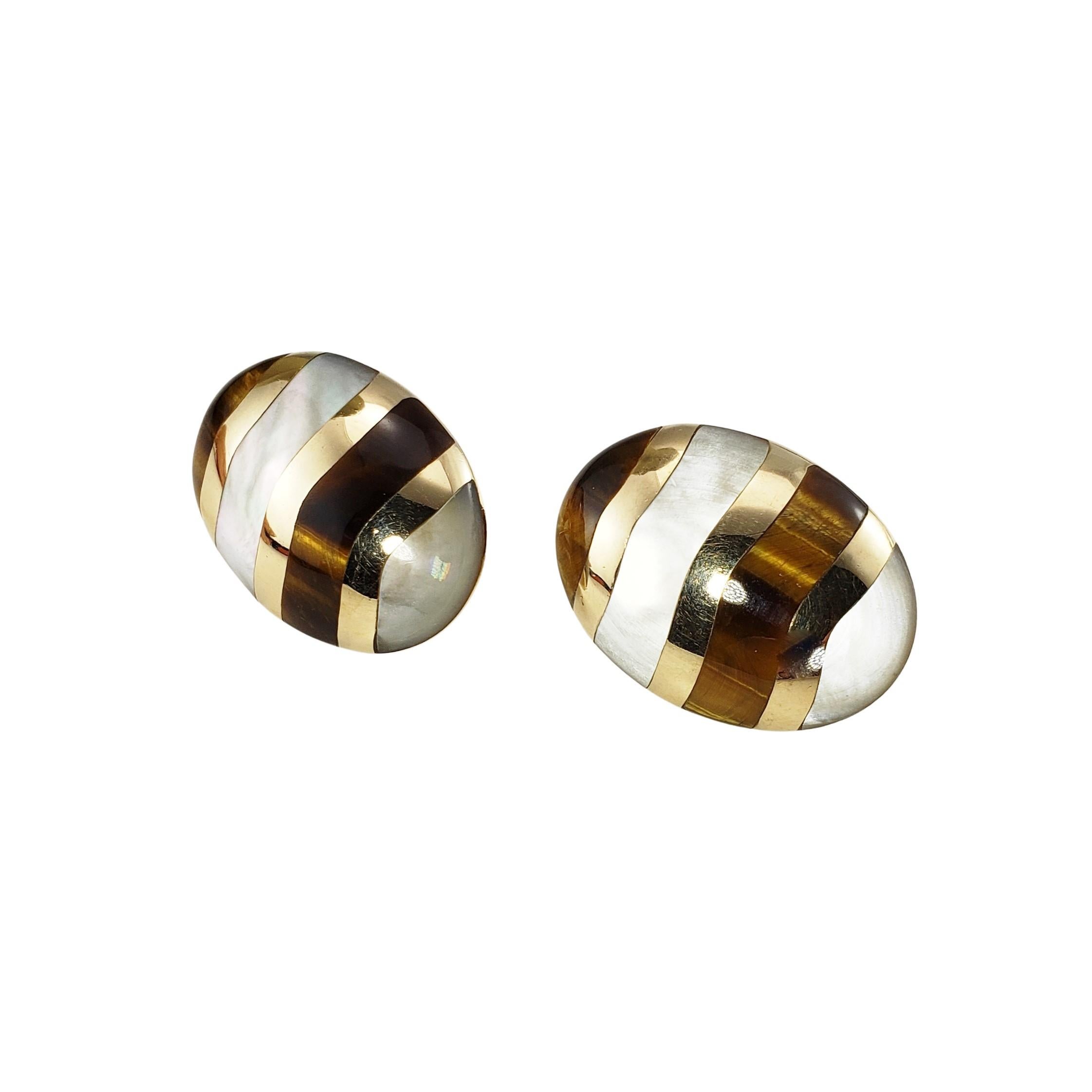 Cabochon 14 Karat Yellow Gold Tiger's Eye and Mother of Pearl Earrings For Sale