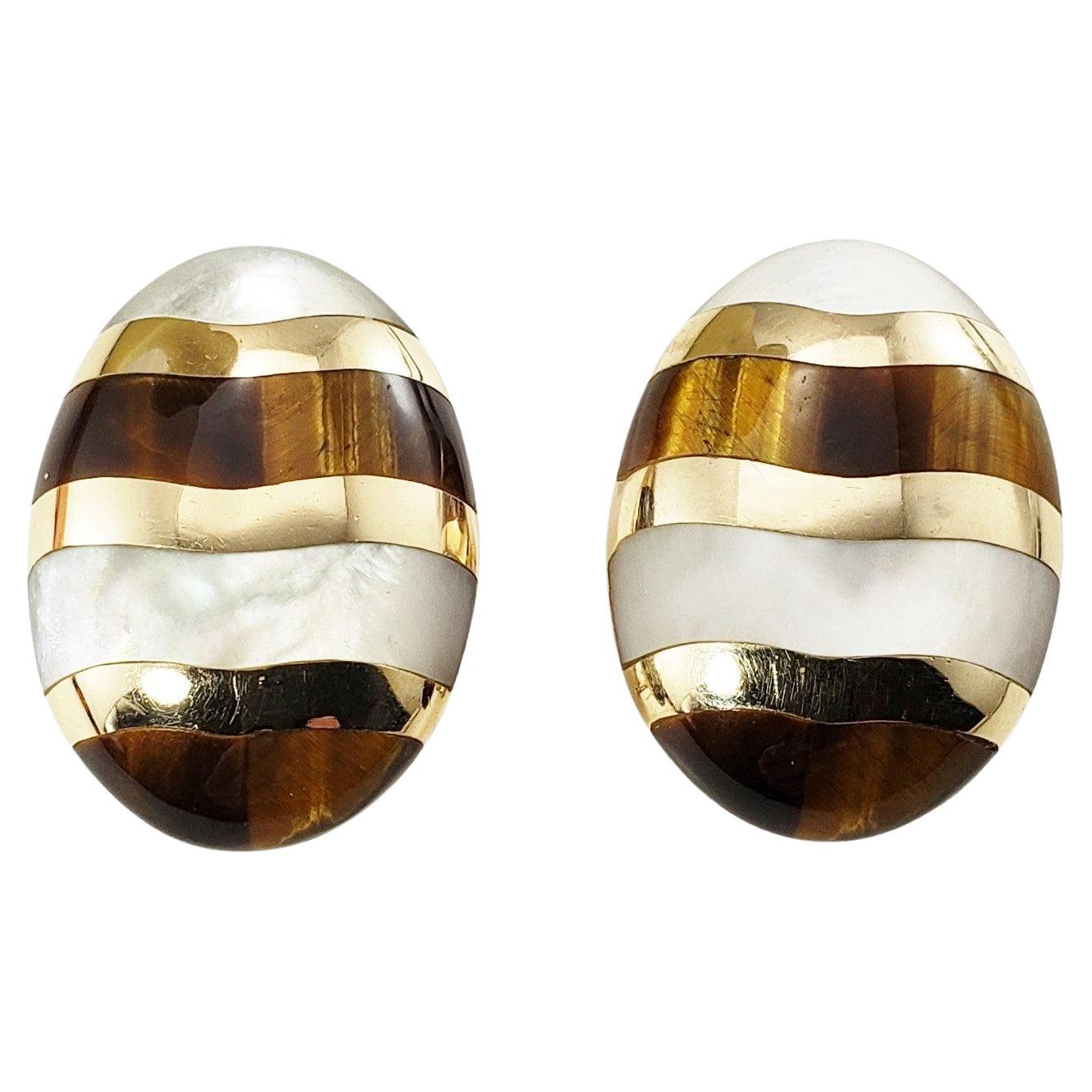 14 Karat Yellow Gold Tiger's Eye and Mother of Pearl Earrings For Sale