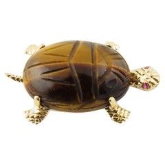14 Karat Yellow Gold Tiger
s Eye and Ruby Turtle Brooch or Pin