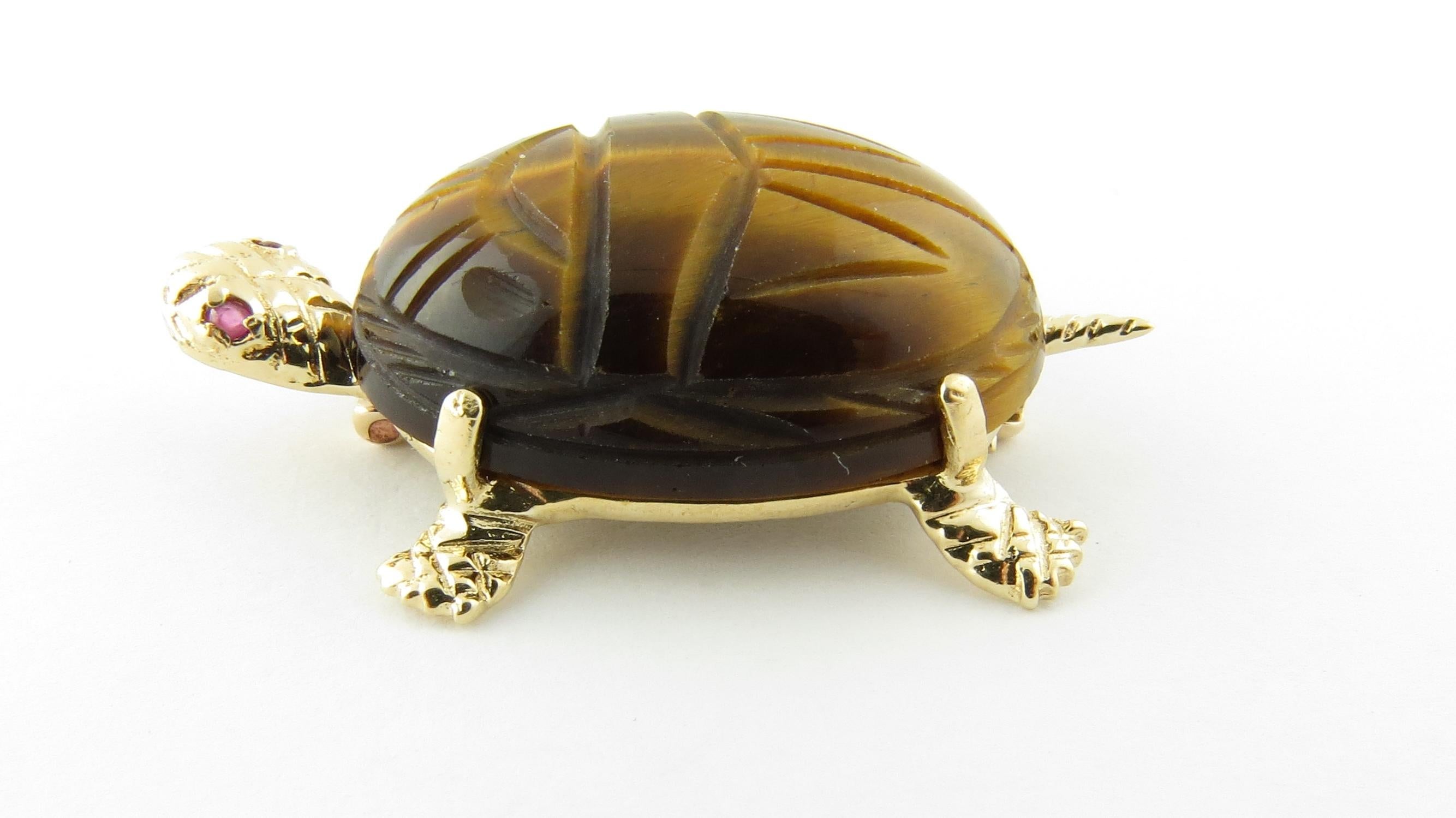14 Karat Yellow Gold Tiger's Eye and Ruby Turtle Brooch or Pin In Good Condition In Washington Depot, CT