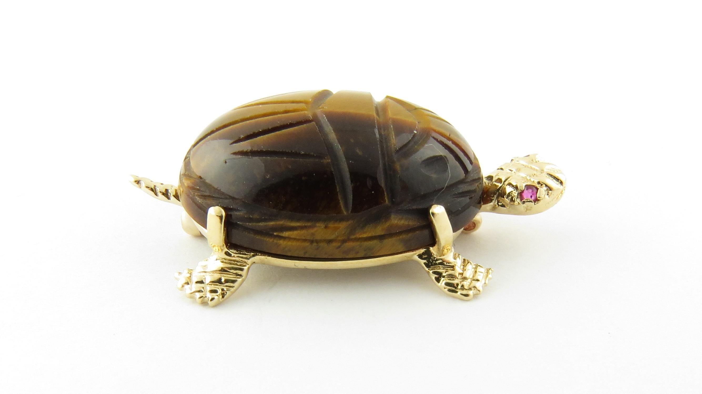 14 Karat Yellow Gold Tiger's Eye and Ruby Turtle Brooch or Pin 1