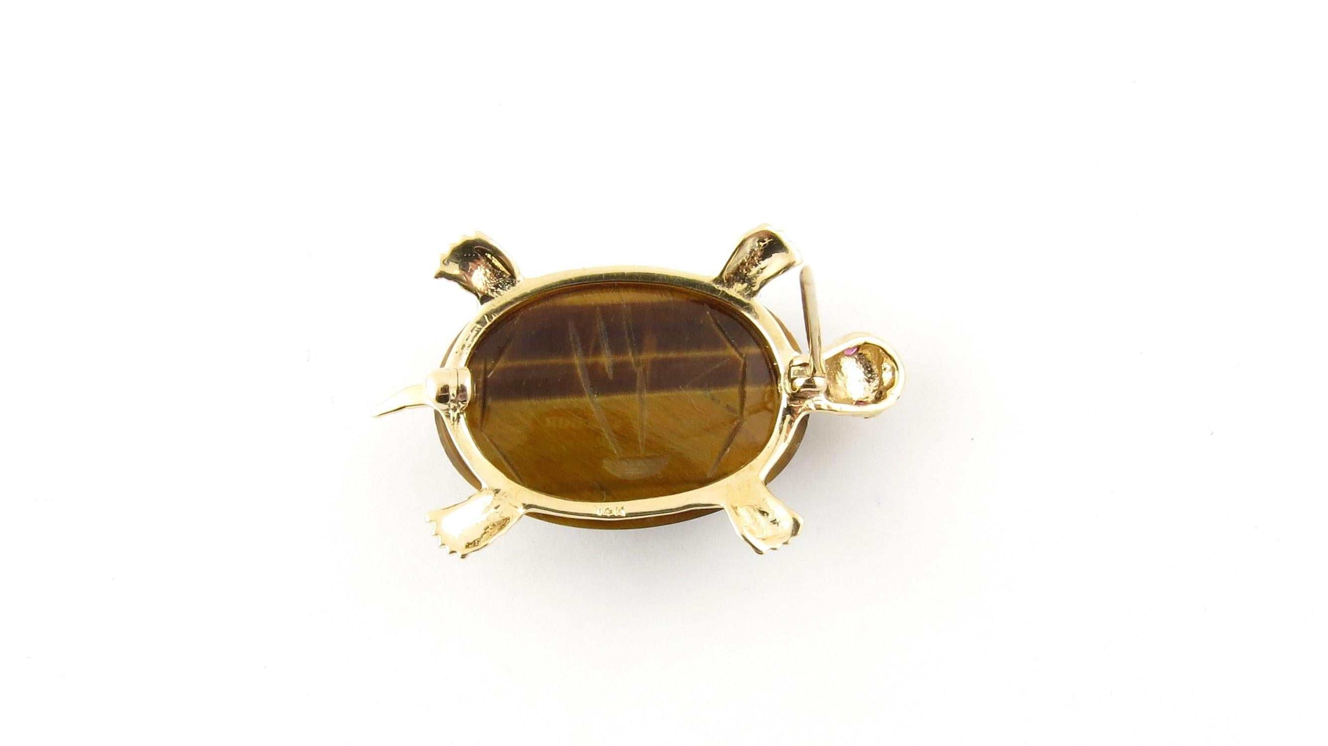 14 Karat Yellow Gold Tiger's Eye and Ruby Turtle Brooch or Pin 2