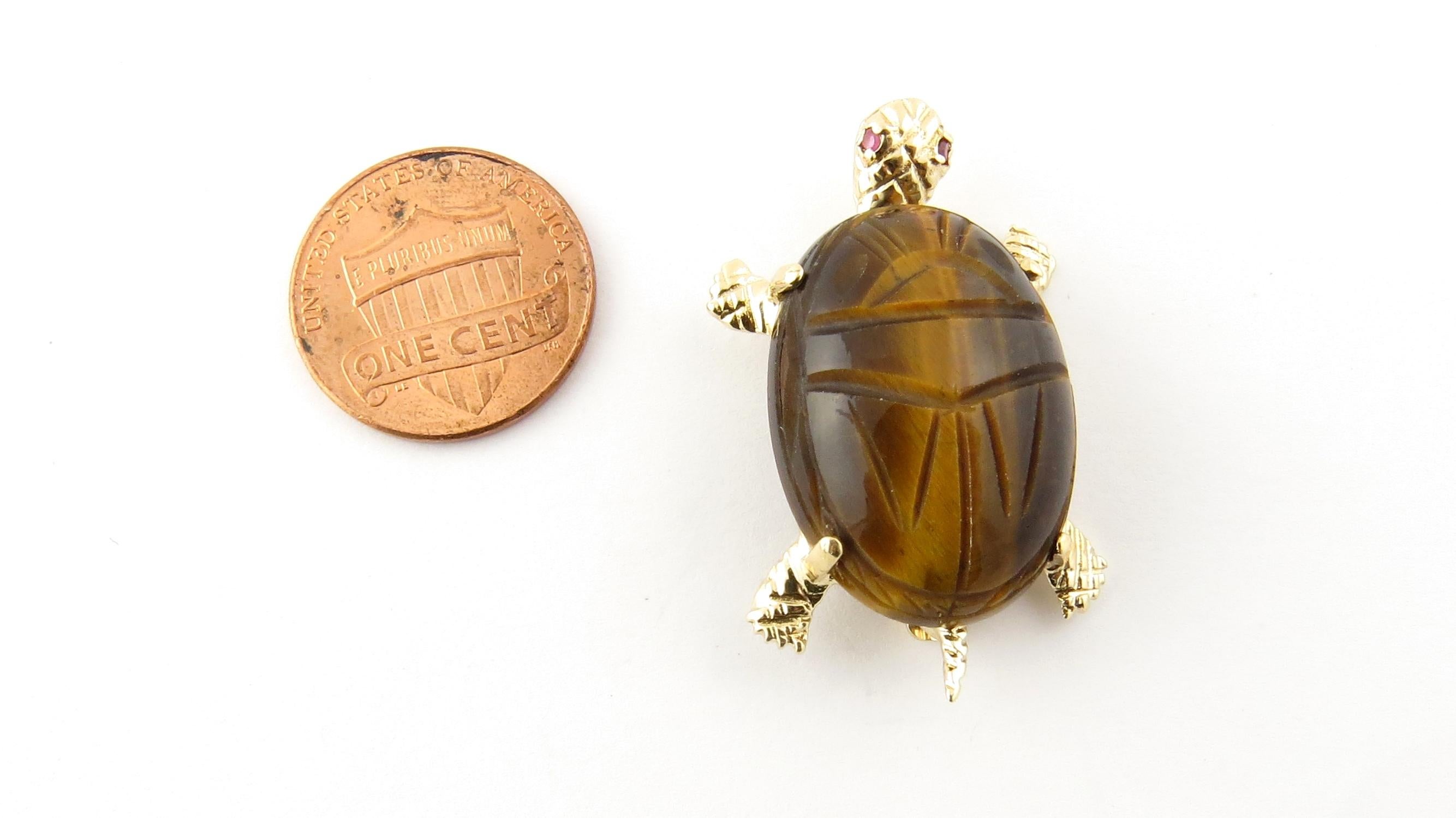 14 Karat Yellow Gold Tiger's Eye and Ruby Turtle Brooch or Pin 4