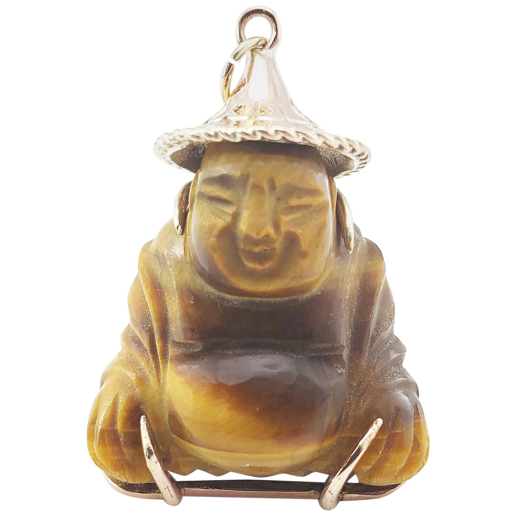 14 Karat Yellow Gold Tiger's Eye Buddha Pendant