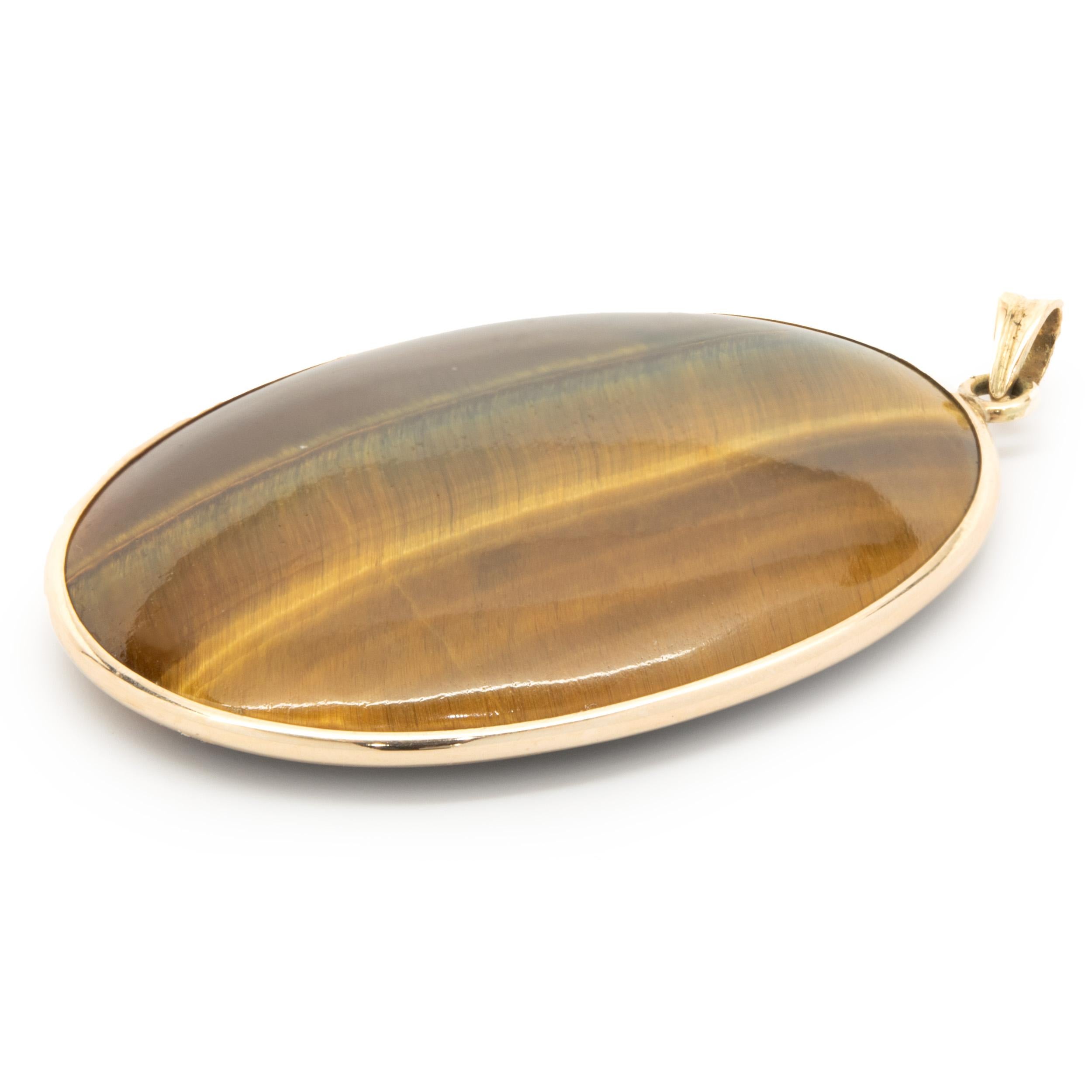 Oval Cut 14 Karat Yellow Gold Tigers Eye Oval Pendant For Sale
