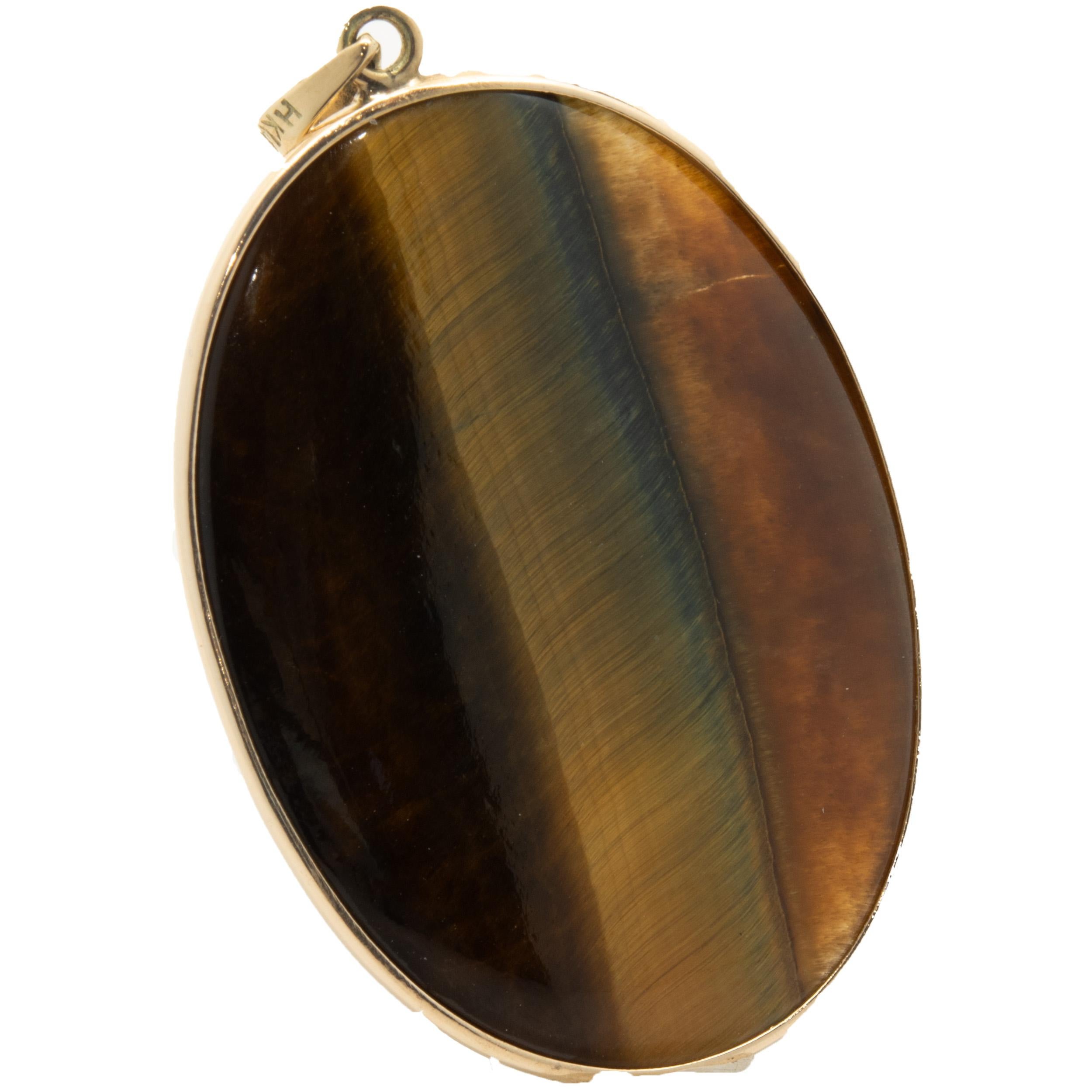 14 Karat Yellow Gold Tigers Eye Oval Pendant In Excellent Condition For Sale In Scottsdale, AZ