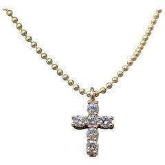14 Karat Yellow Gold Tiny Cross with 0.30 Carat of Diamond on Bead Chain