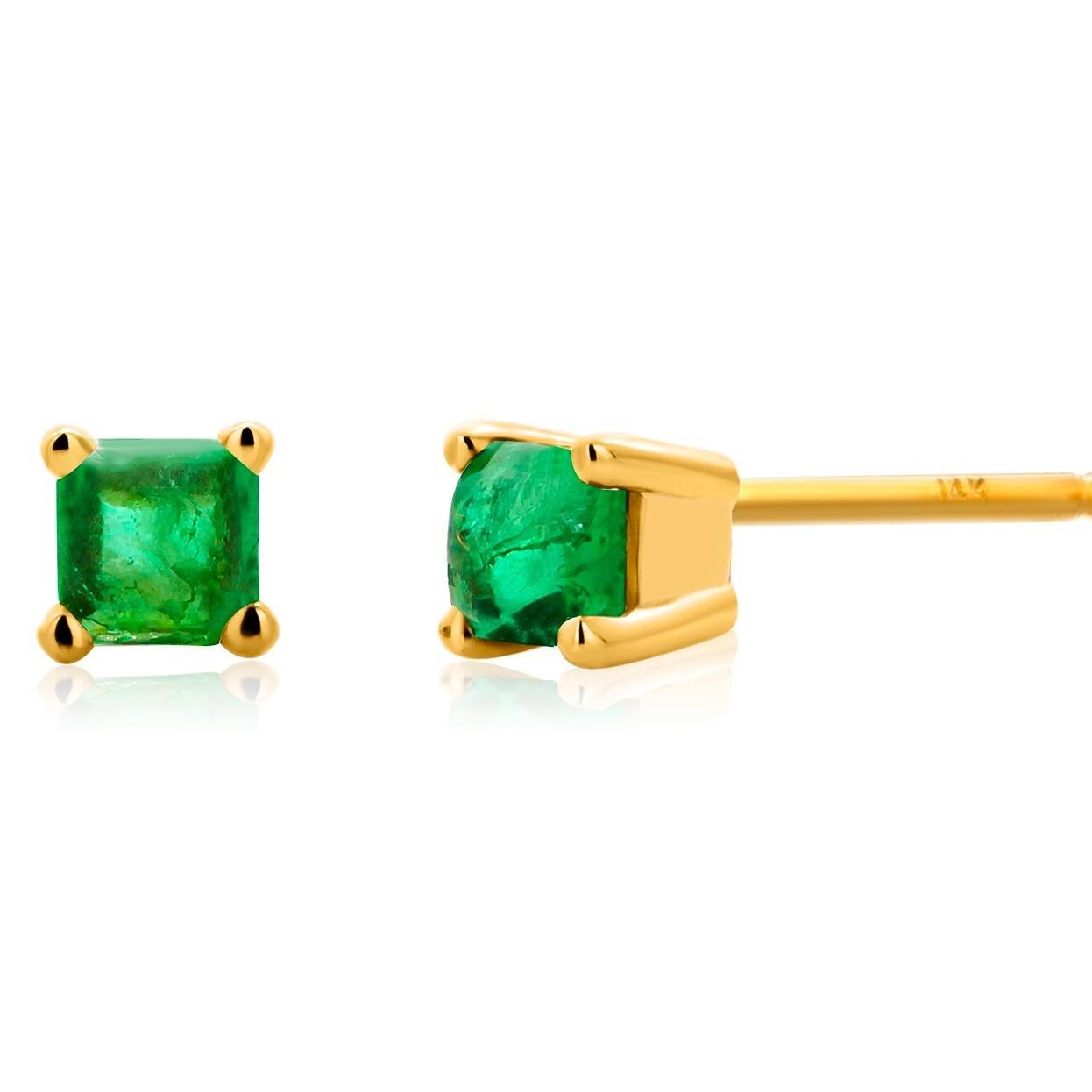 Emerald Cut 14 Karat Yellow Gold Tiny Square Cabochon Emerald 0.35 Carat 0.15 Inch Earrings For Sale