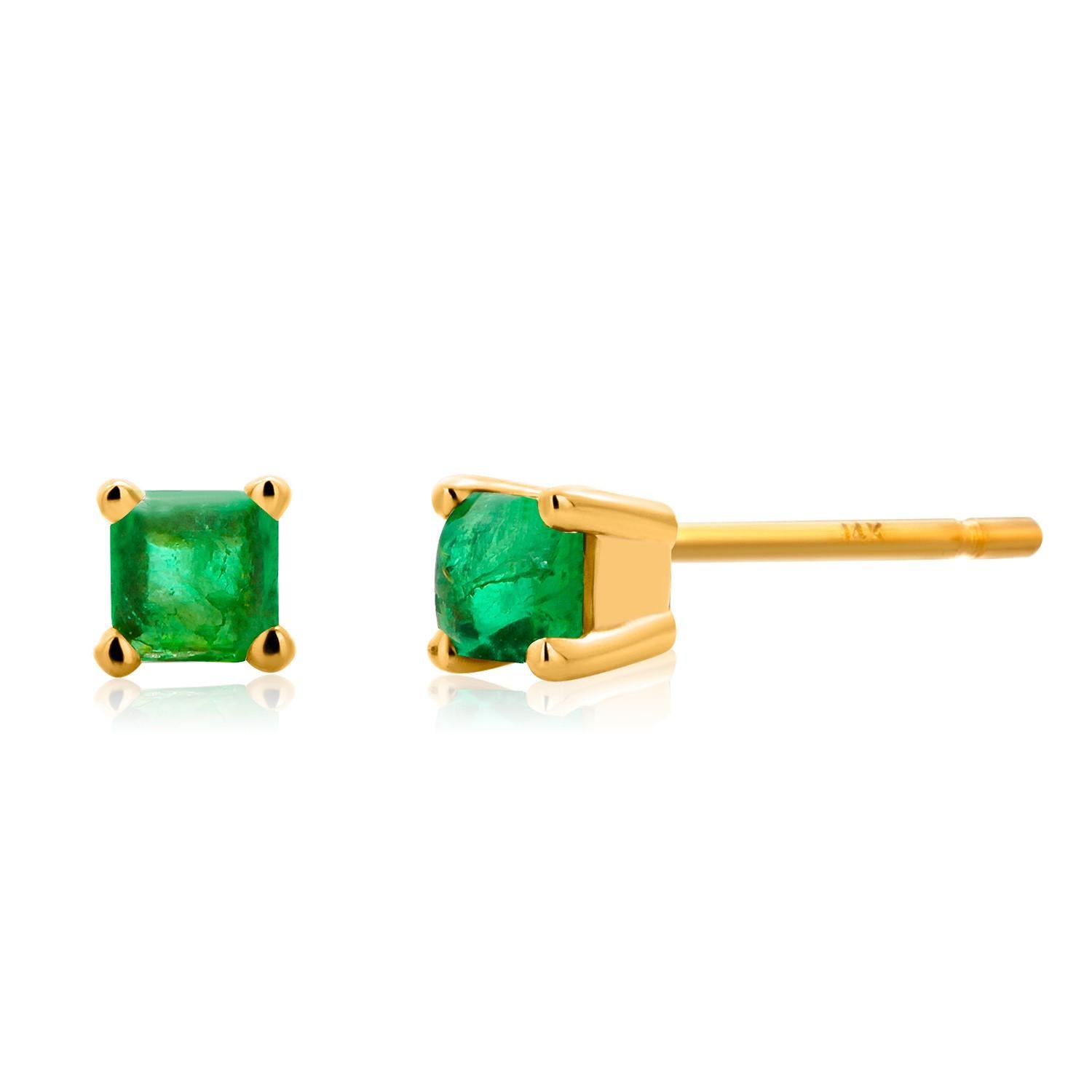 14 Karat Yellow Gold Tiny Square Cabochon Emerald 0.35 Carat 0.15 Inch Earrings For Sale 1