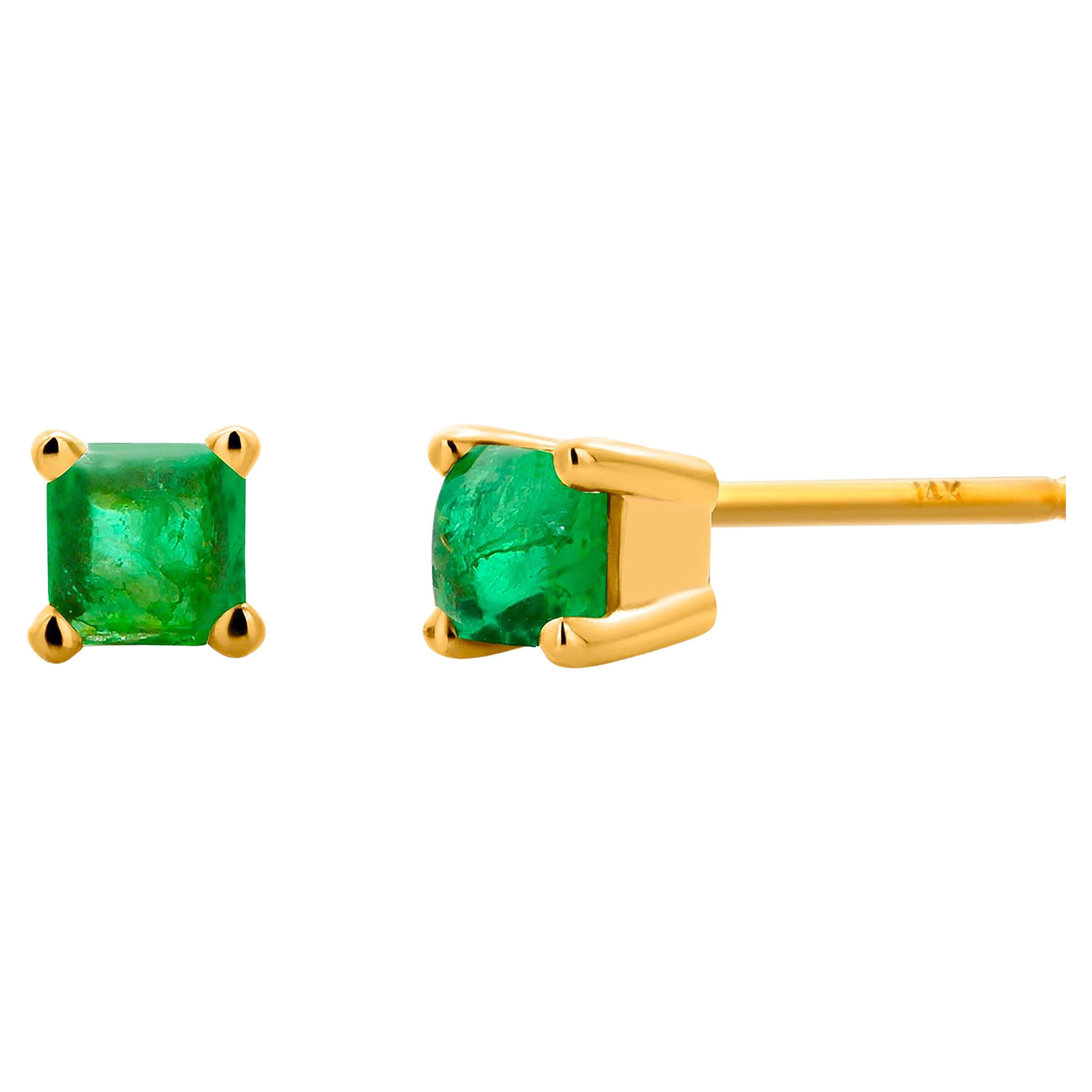14 Karat Yellow Gold Tiny Square Cabochon Emerald 0.35 Carat 0.15 Inch Earrings For Sale