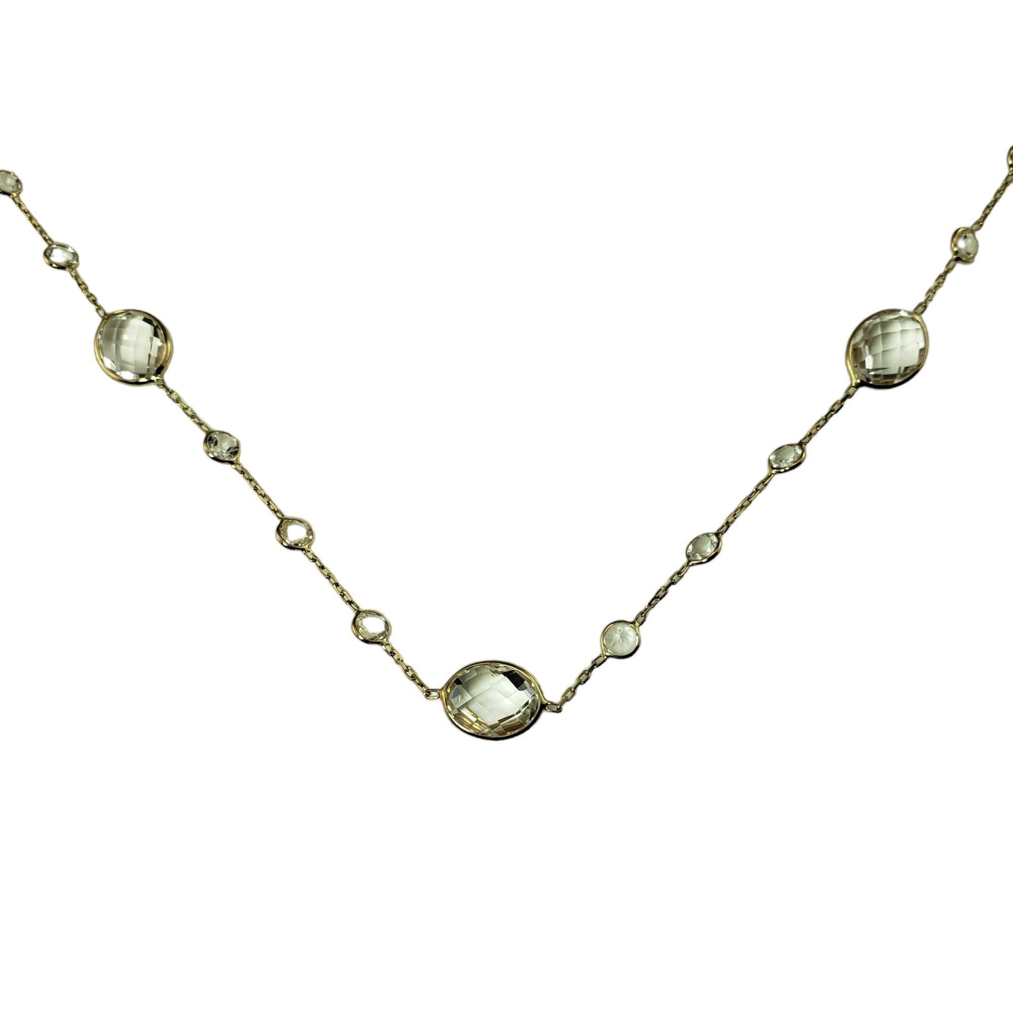 Vintage 14K Yellow Gold Topaz Necklace JAGi Certified-

This elegant necklace five oval cut white topaz and 16 round brilliant cut white topaz bezel set in 14K yellow gold.

Total topaz weight:  6.3 ct.

Size: 19.75 inches

Stamped: 14KT