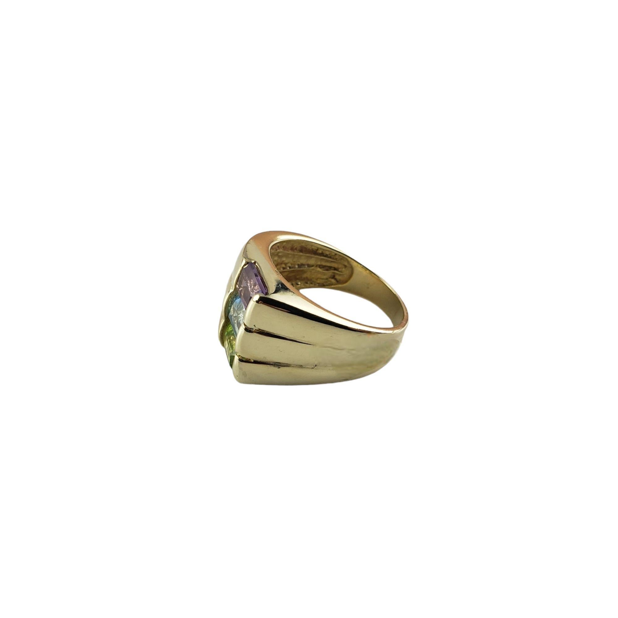 Emerald Cut 14 Karat Yellow Gold Topaz, Peridot and Amethyst Ring Size 6.25 #14652 For Sale
