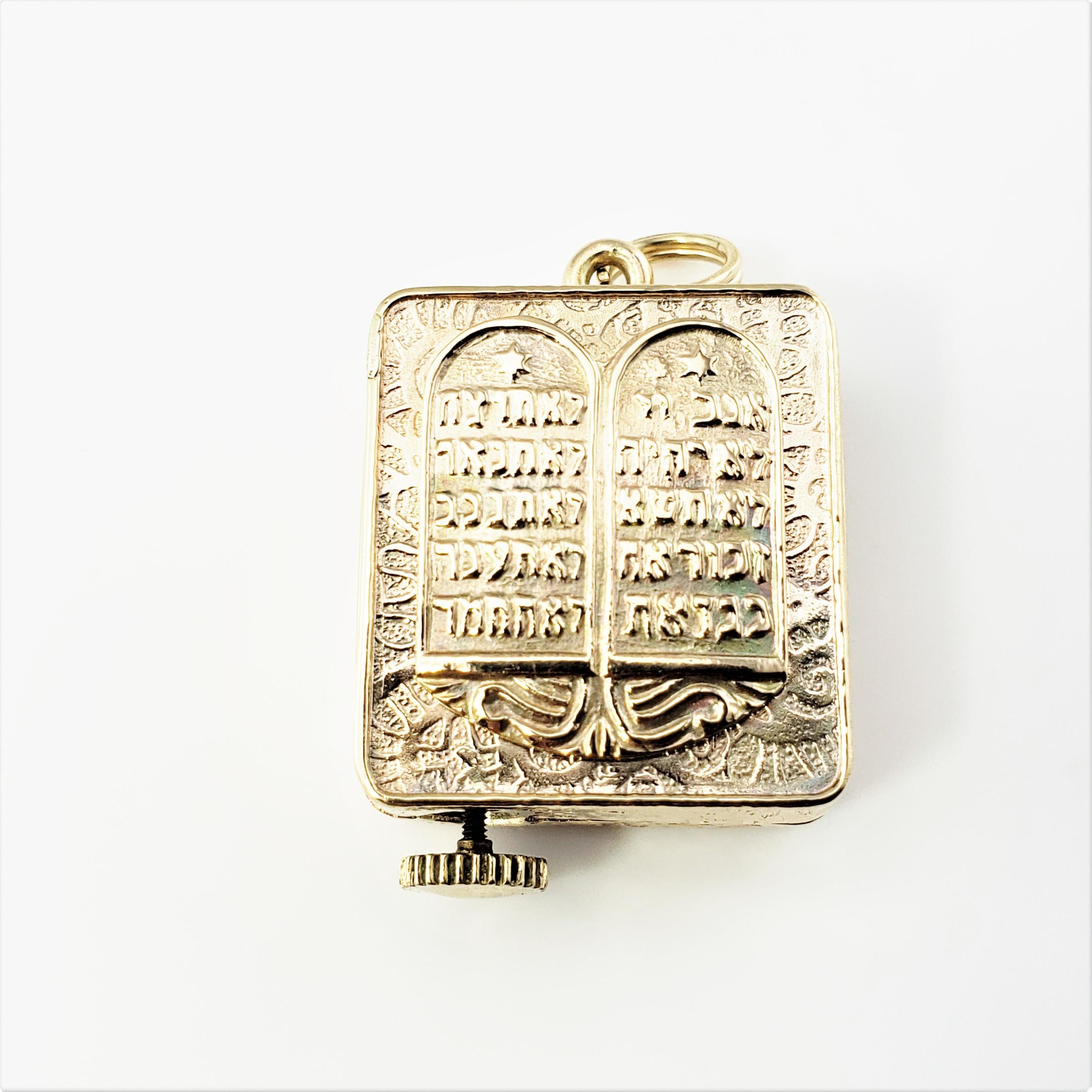 Women's 14 Karat Yellow Gold Torah Judaica Ten Commandments Mechanical Music Box Charm For Sale